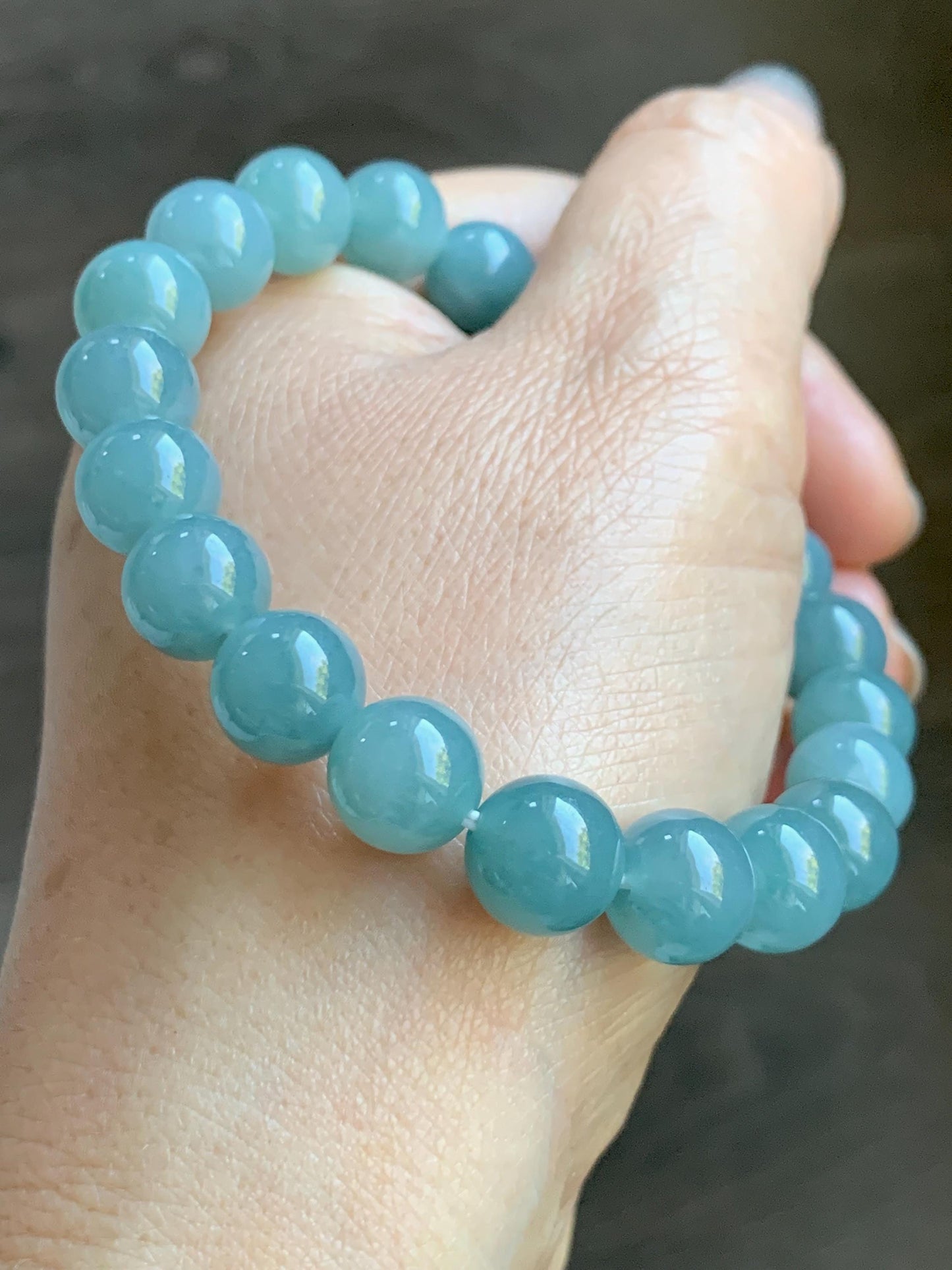 Natural Grade A Guatemalan Icy Translucent Teal Jade Jadeite Beaded Bracelet Stretchy 9.9mm 7.5"-7.75” 34g 天然冰危蓝翡翠圆珠手串 WLL330A