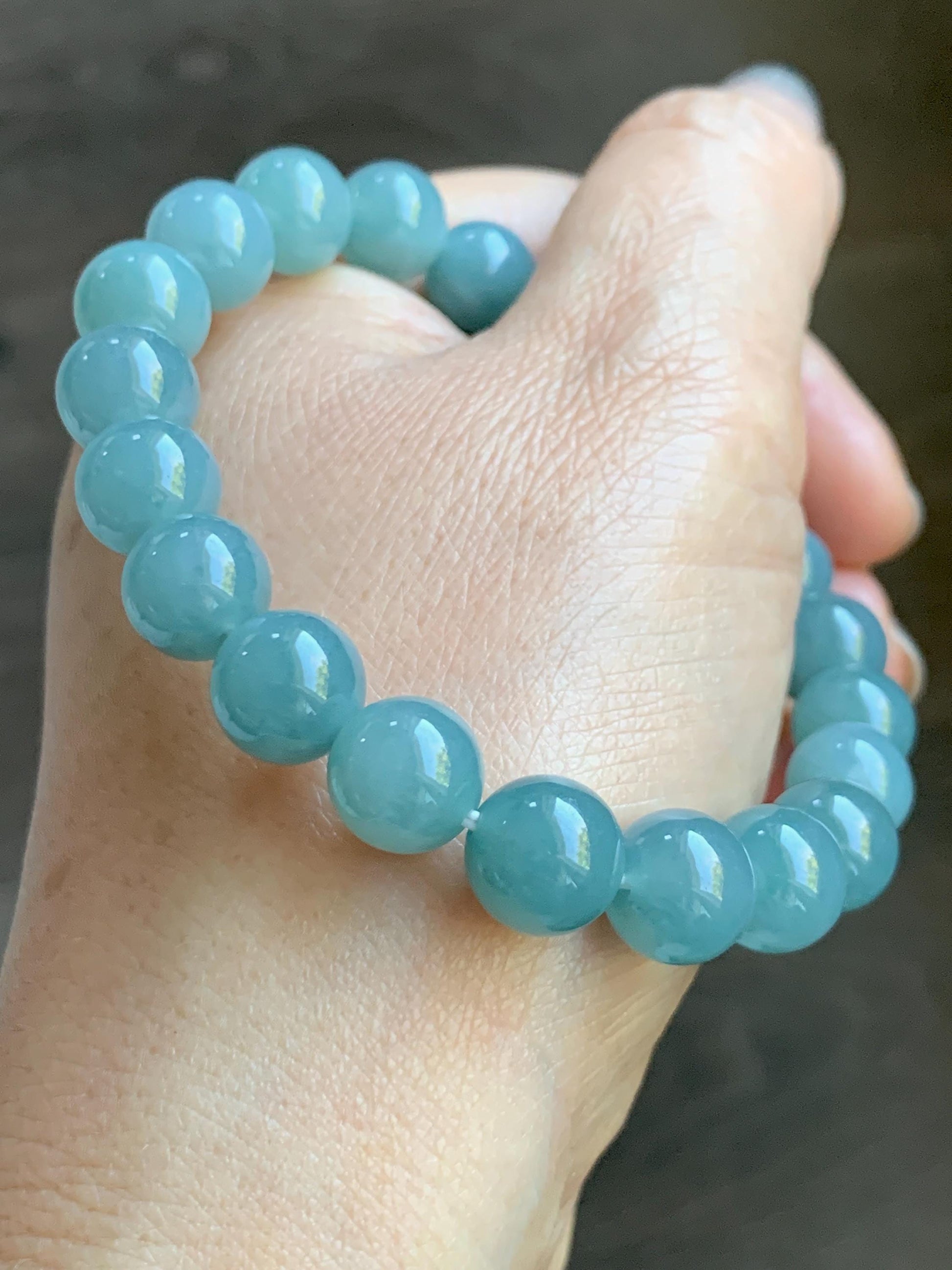Natural Grade A Guatemalan Icy Translucent Teal Jade Jadeite Beaded Bracelet Stretchy 9.9mm 7.5"-7.75” 34g 天然冰危蓝翡翠圆珠手串 WLL330A