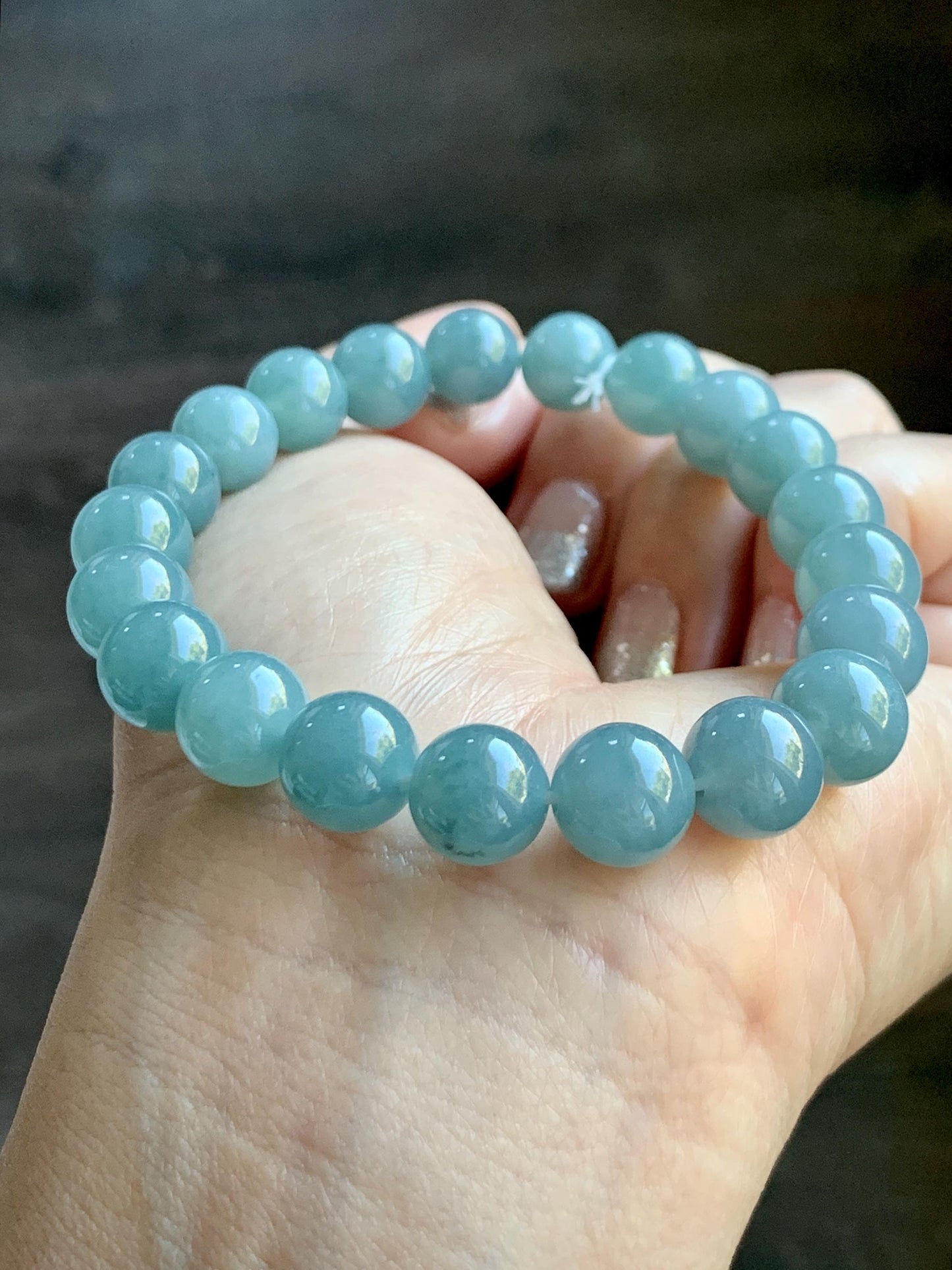 Natural Grade A Guatemalan Icy Translucent Teal Jade Jadeite Beaded Bracelet Stretchy 9.9mm 7.5"-7.75” 34g 天然冰危蓝翡翠圆珠手串 WLL330A