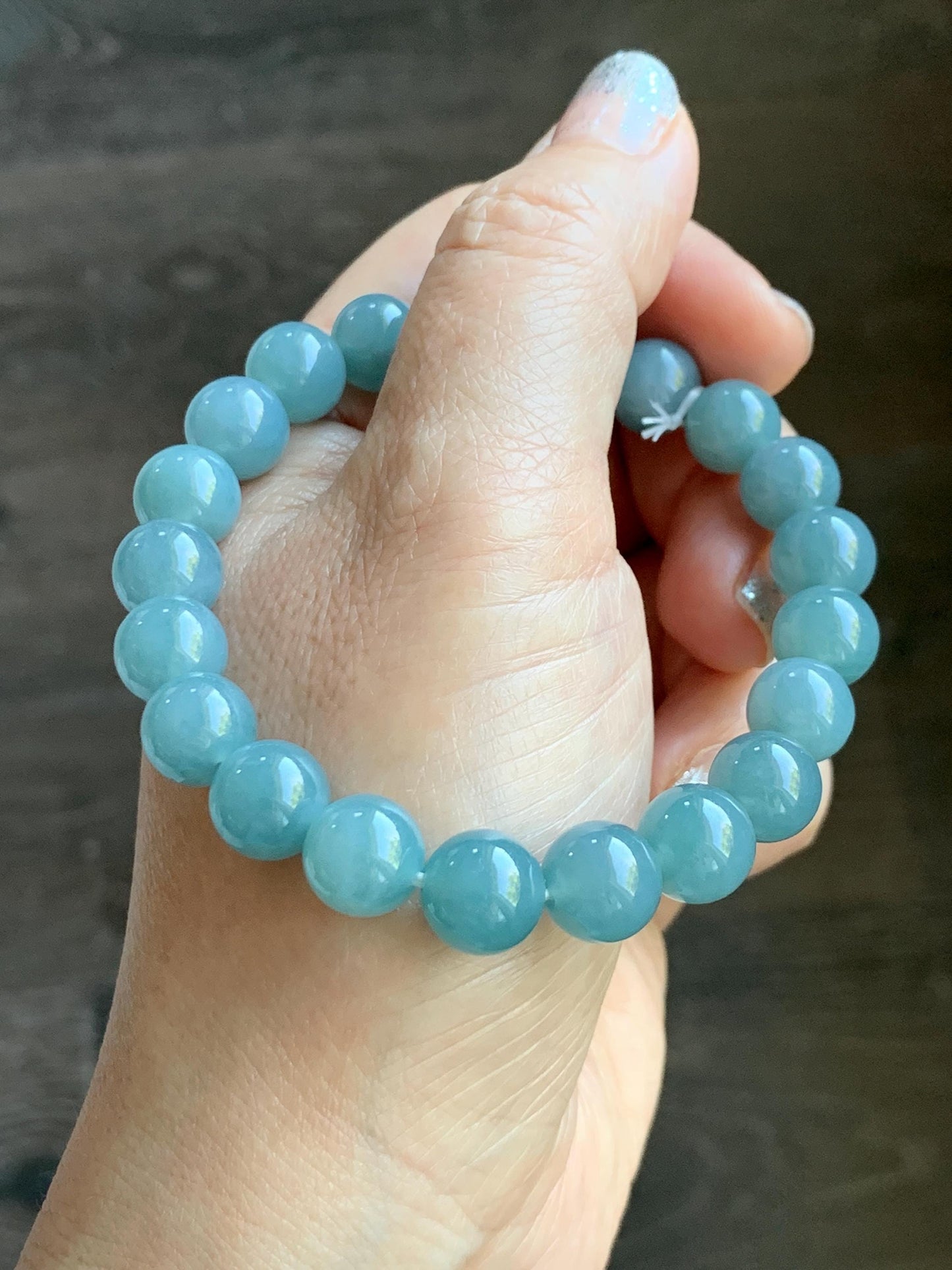 Natural Grade A Guatemalan Icy Translucent Teal Jade Jadeite Beaded Bracelet Stretchy 9.9mm 7.5"-7.75” 34g 天然冰危蓝翡翠圆珠手串 WLL330A