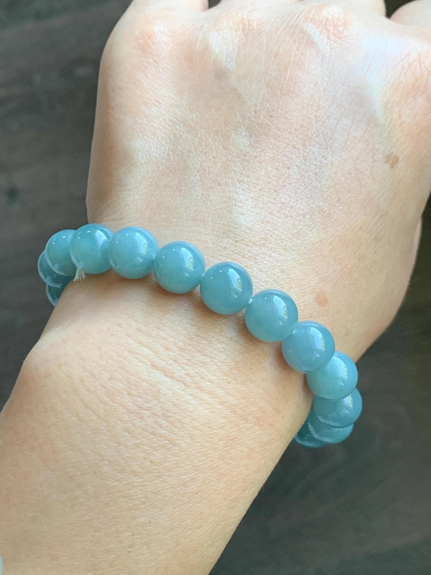 Natural Grade A Guatemalan Icy Translucent Teal Jade Jadeite Beaded Bracelet Stretchy 9.9mm 7.5"-7.75” 34g 天然冰危蓝翡翠圆珠手串 WLL330A