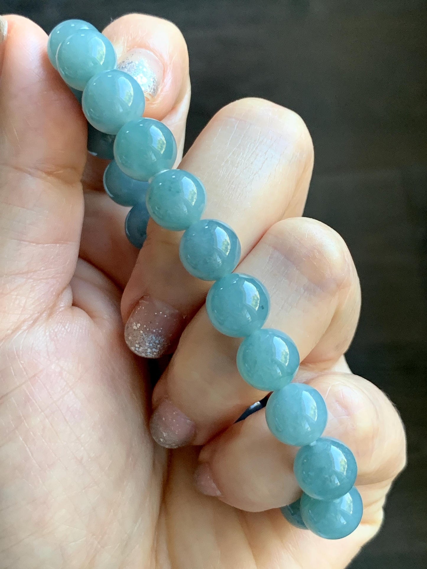 Natural Grade A Guatemalan Icy Translucent Teal Jade Jadeite Beaded Bracelet Stretchy 9.9mm 7.5"-7.75” 34g 天然冰危蓝翡翠圆珠手串 WLL330A