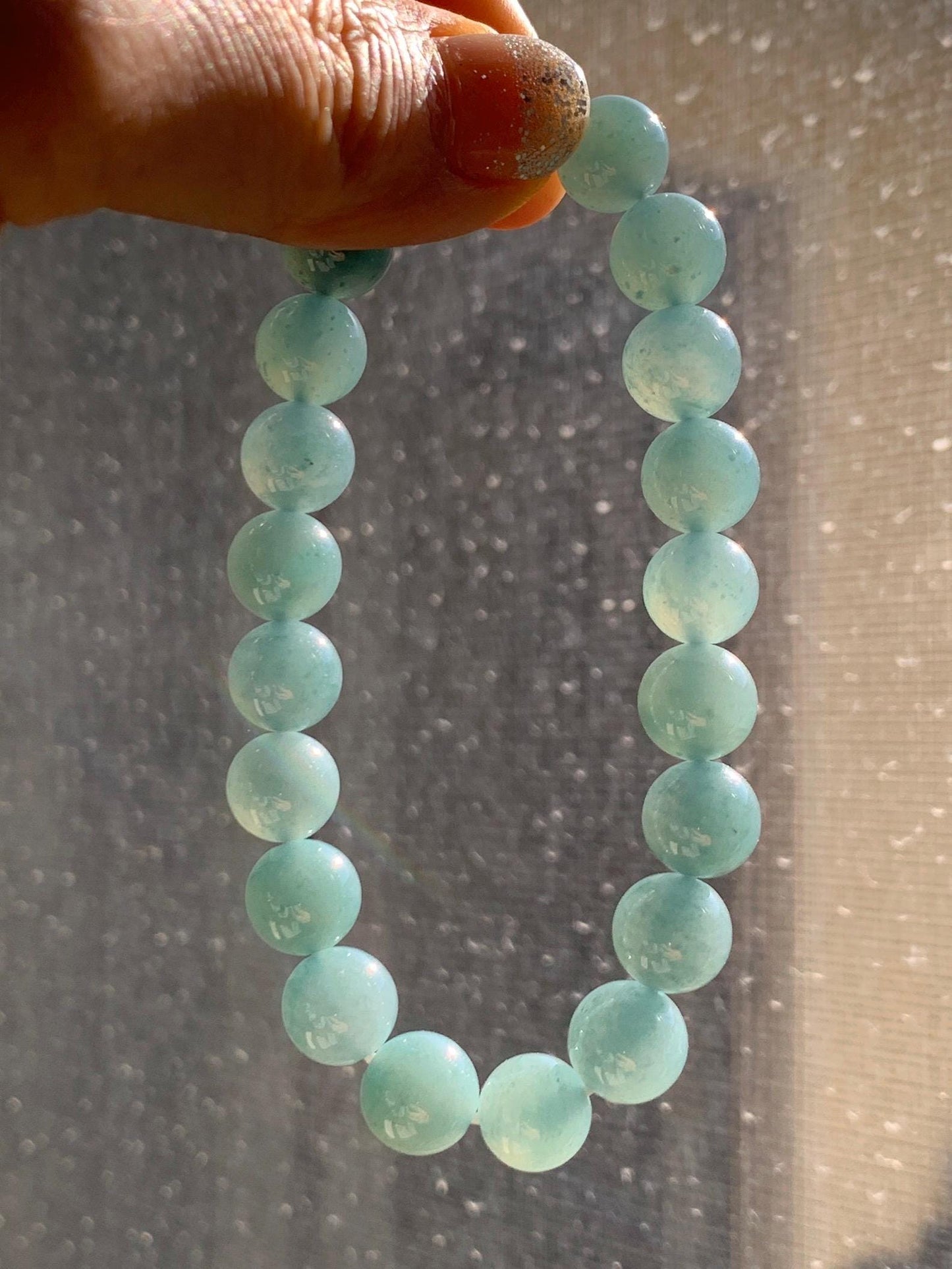Natural Grade A Guatemalan Icy Translucent Teal Jade Jadeite Beaded Bracelet Stretchy 9.9mm 7.5"-7.75” 34g 天然冰危蓝翡翠圆珠手串 WLL330B