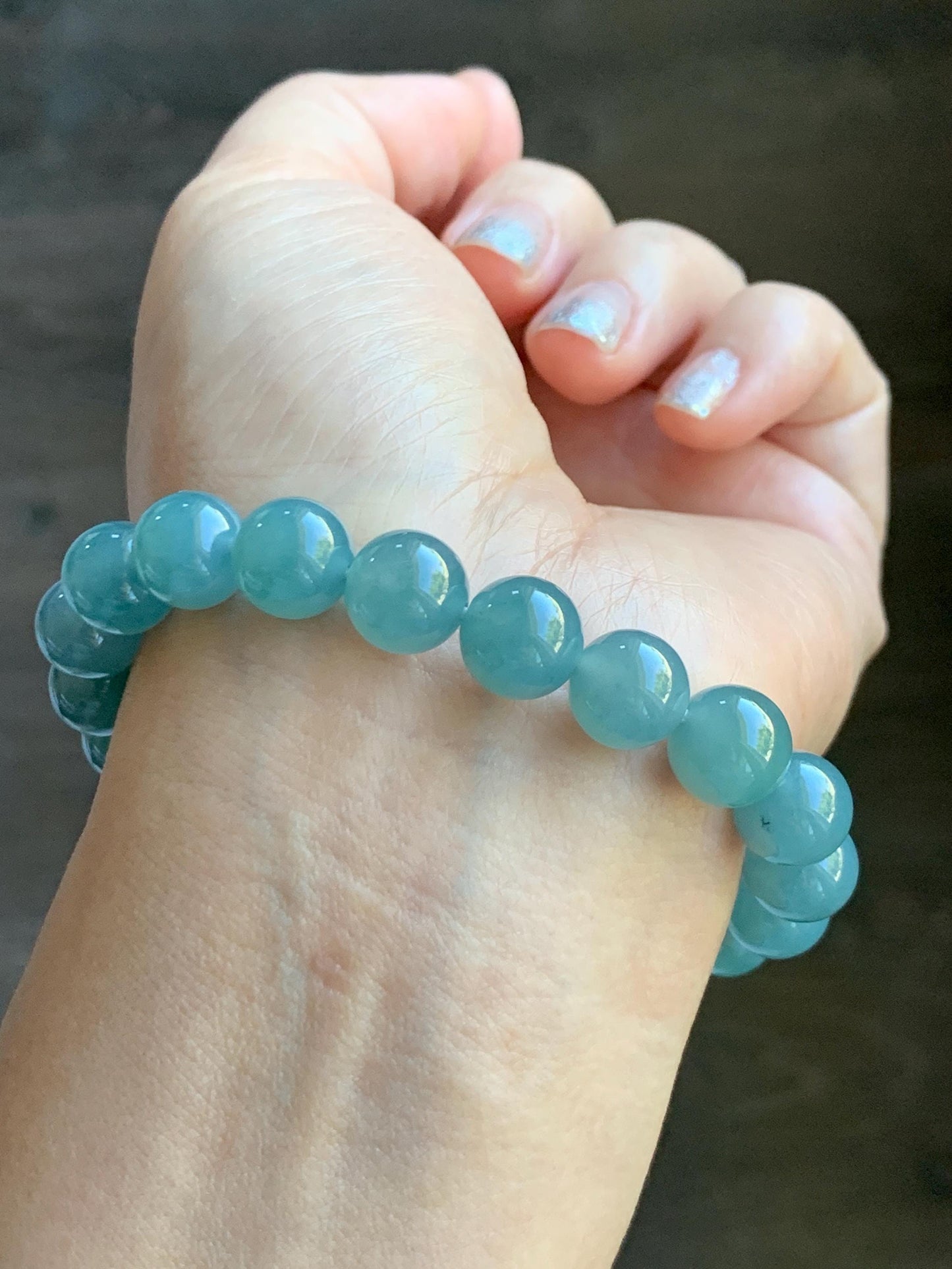 Natural Grade A Guatemalan Icy Translucent Teal Jade Jadeite Beaded Bracelet Stretchy 9.9mm 7.5"-7.75” 34g 天然冰危蓝翡翠圆珠手串 WLL330B