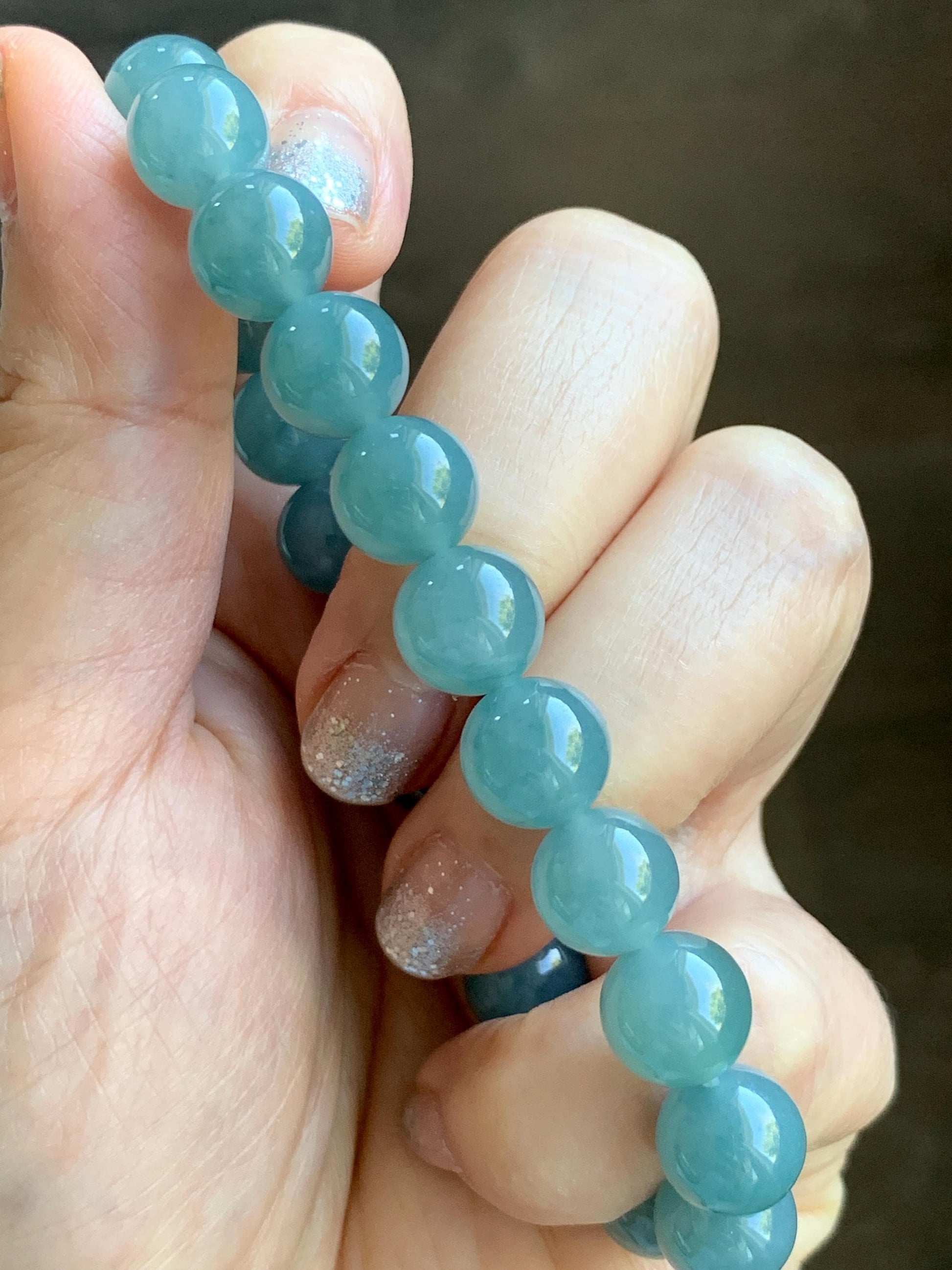 Natural Grade A Guatemalan Icy Translucent Teal Jade Jadeite Beaded Bracelet Stretchy 9.9mm 7.5"-7.75” 34g 天然冰危蓝翡翠圆珠手串 WLL330B
