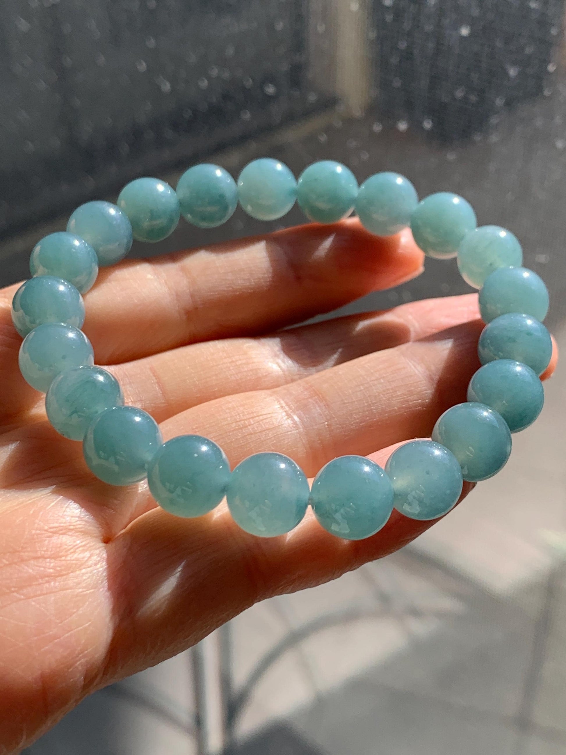 Natural Grade A Guatemalan Icy Translucent Teal Jade Jadeite Beaded Bracelet Stretchy 9.9mm 7.5"-7.75” 34g 天然冰危蓝翡翠圆珠手串 WLL330B