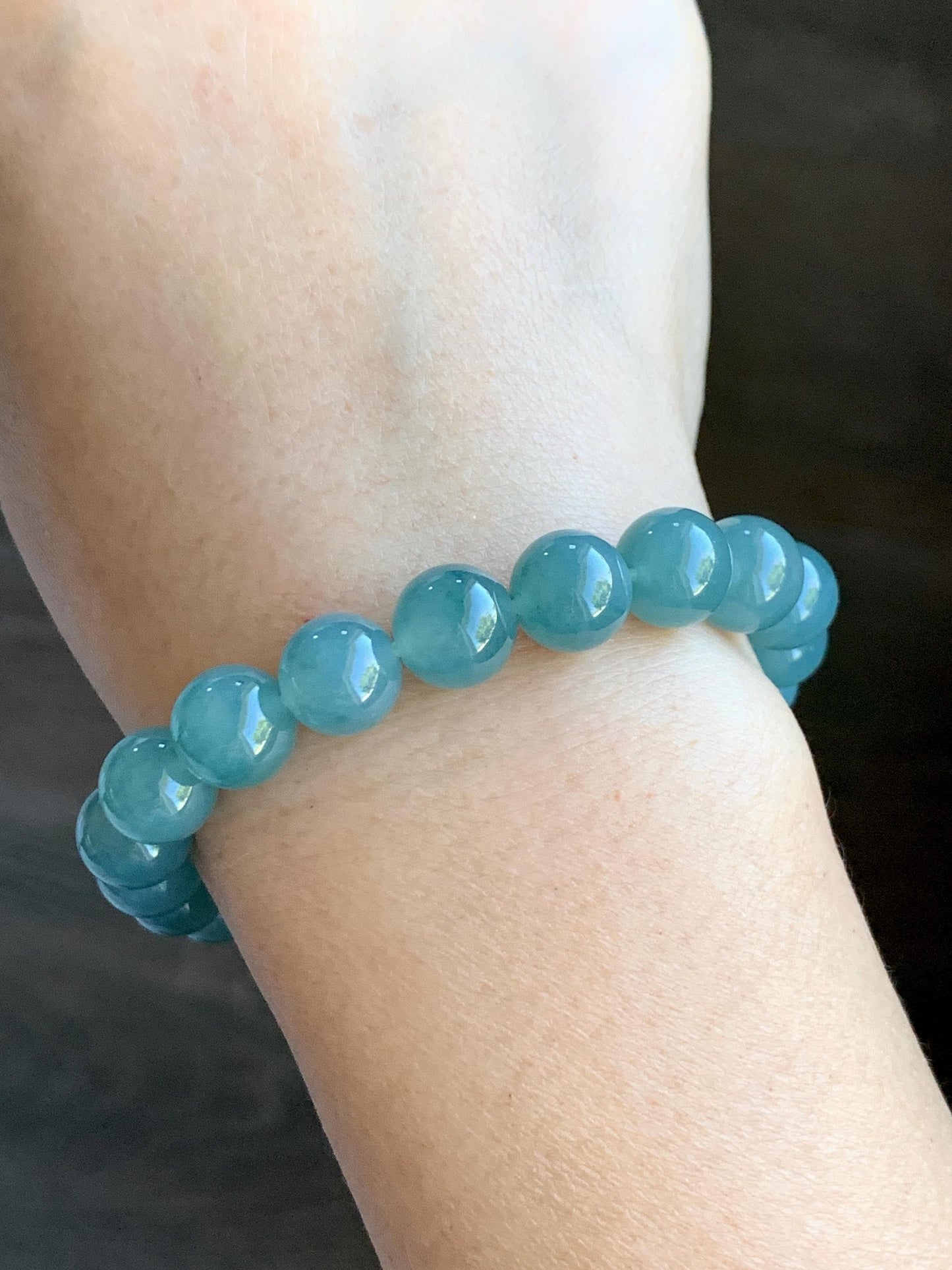 Natural Grade A Guatemalan Icy Translucent Teal Jade Jadeite Beaded Bracelet Stretchy 9.9mm 7.5"-7.75” 34g 天然冰危蓝翡翠圆珠手串 WLL330B