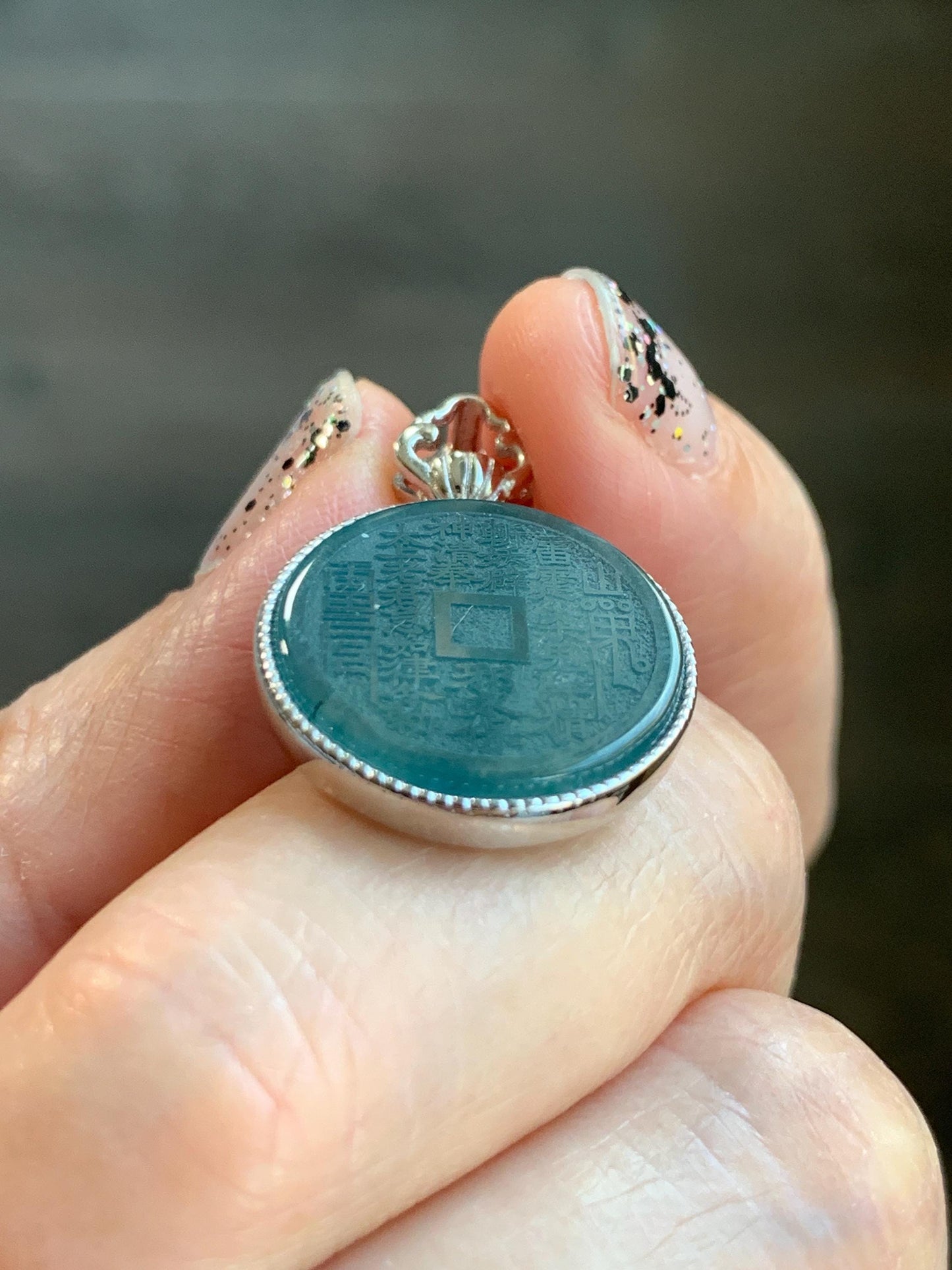 Natural Guatemalan Icy Translucent Dark Blue Jade Jadeite Mountain Ghost Eight Trigrams Coin Pendant Sterling Silver 天然冰危蓝翡翠精工山鬼币吊坠 YSG110