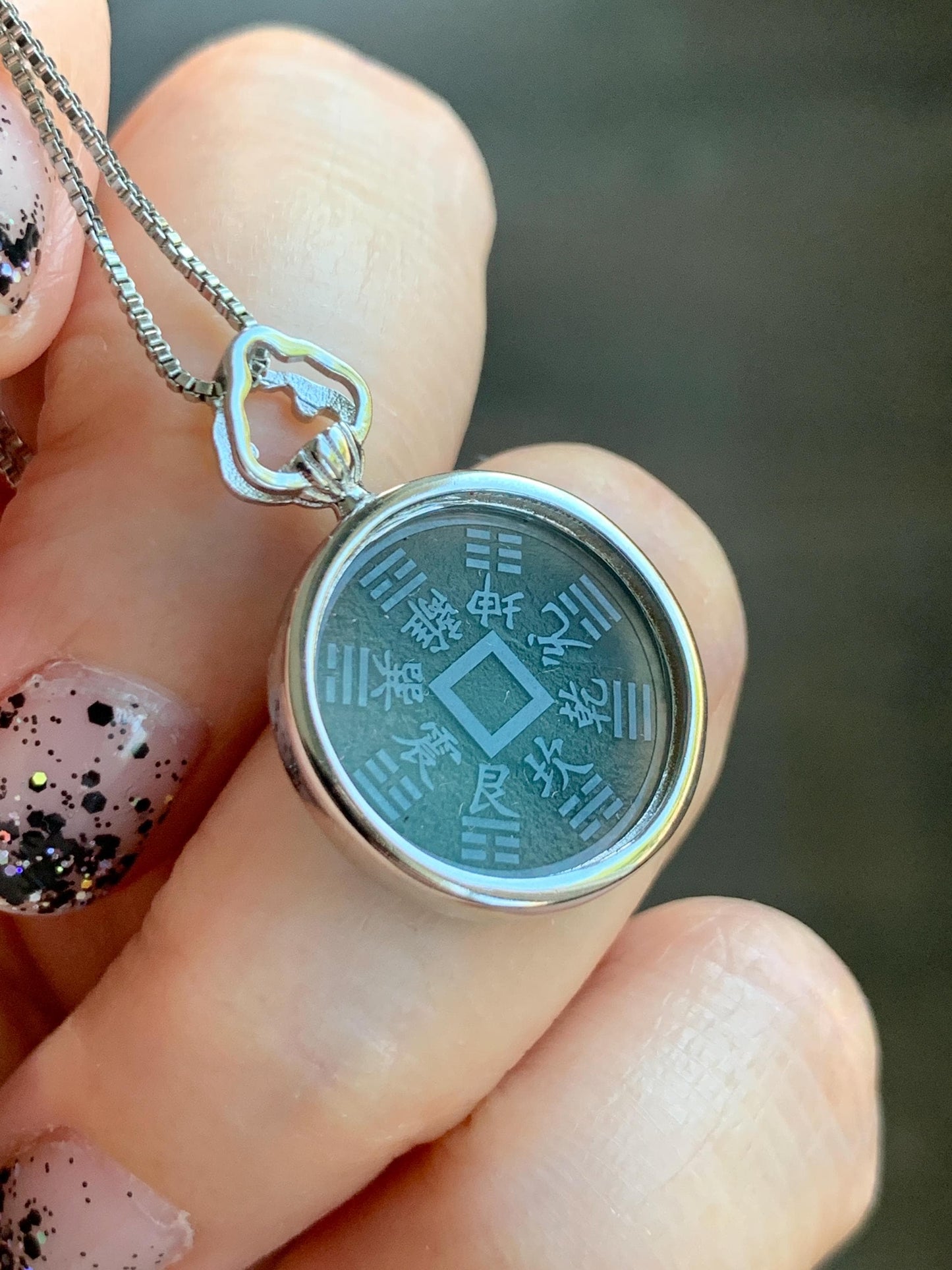 Natural Guatemalan Icy Translucent Dark Blue Jade Jadeite Mountain Ghost Eight Trigrams Coin Pendant Sterling Silver 天然冰危蓝翡翠精工山鬼币吊坠 YSG110