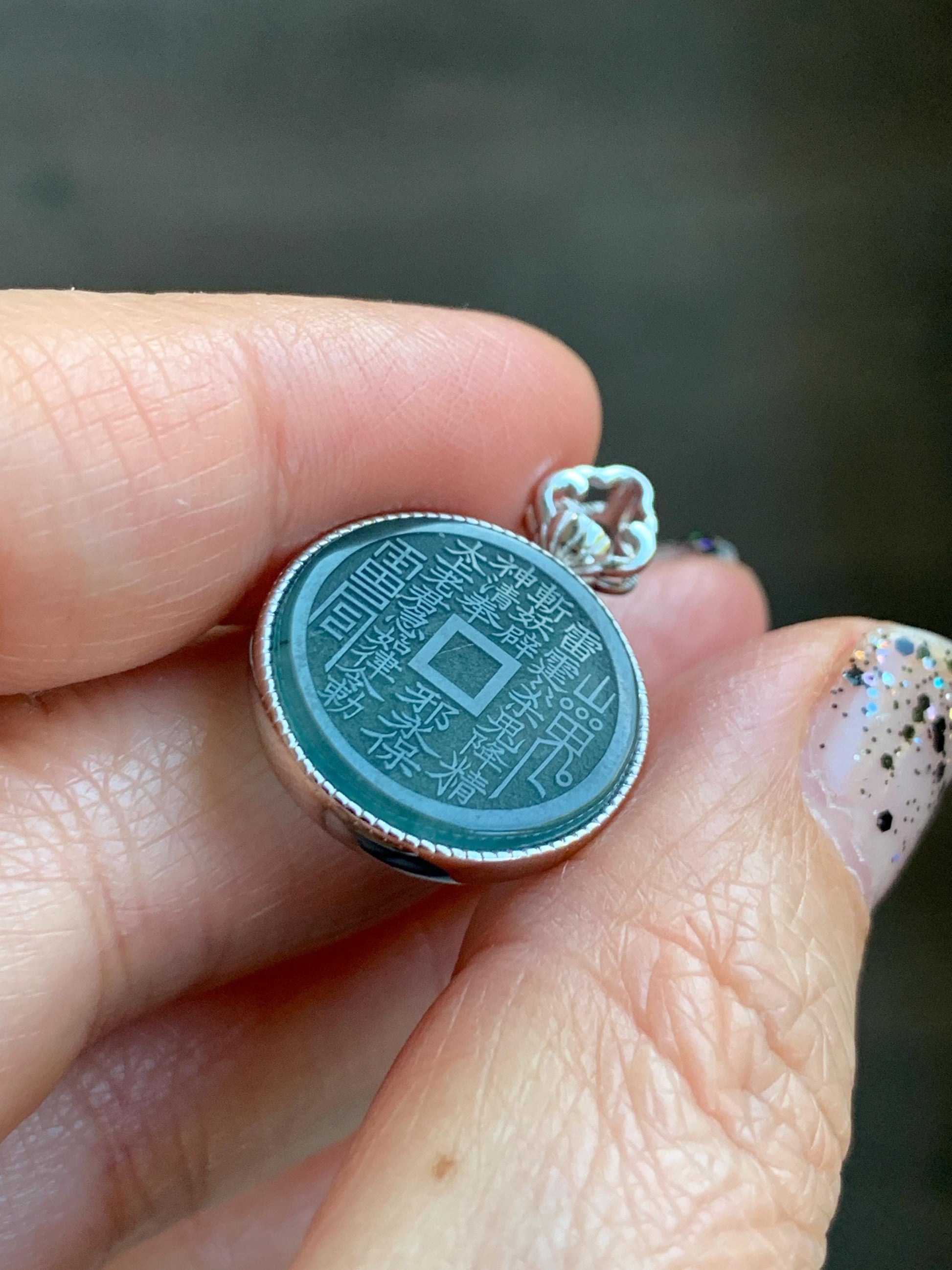 Natural Guatemalan Icy Translucent Dark Blue Jade Jadeite Mountain Ghost Eight Trigrams Coin Pendant Sterling Silver 天然冰危蓝翡翠精工山鬼币吊坠 YSG110