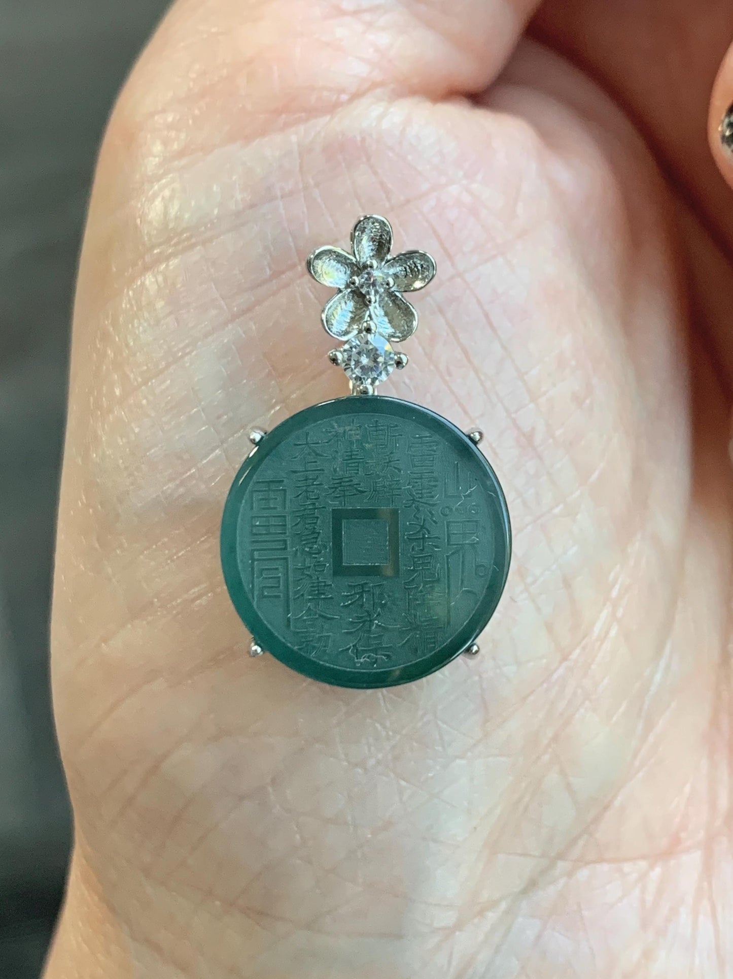 Natural Guatemalan Icy Translucent Dark Blue Jade Jadeite Mountain Ghost Eight Trigrams Coin Pendant Sterling Silver 天然冰危深蓝绿翡翠精工山鬼币吊坠 YSG107