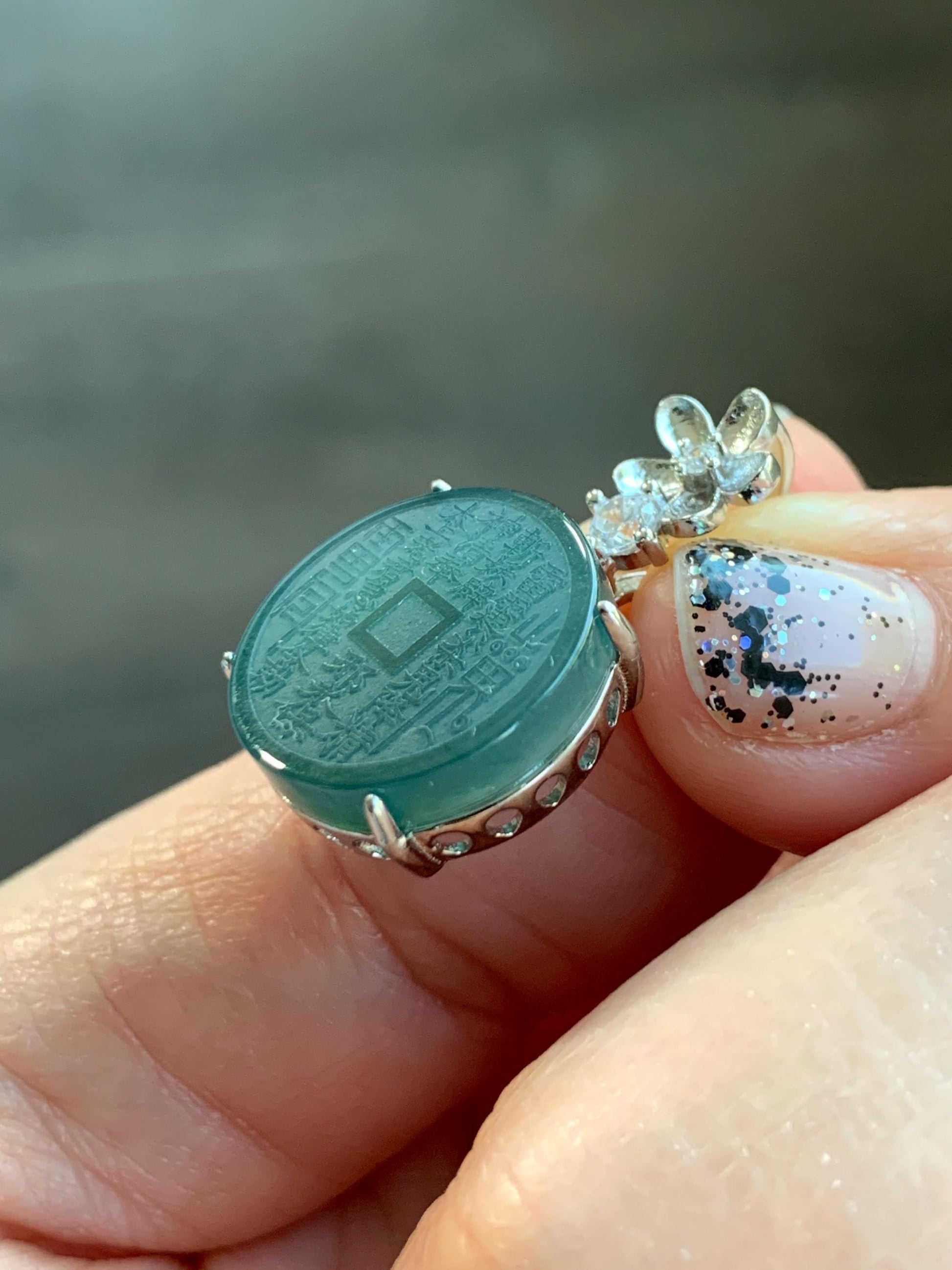 Natural Guatemalan Icy Translucent Dark Blue Jade Jadeite Mountain Ghost Eight Trigrams Coin Pendant Sterling Silver 天然冰危深蓝绿翡翠精工山鬼币吊坠 YSG107