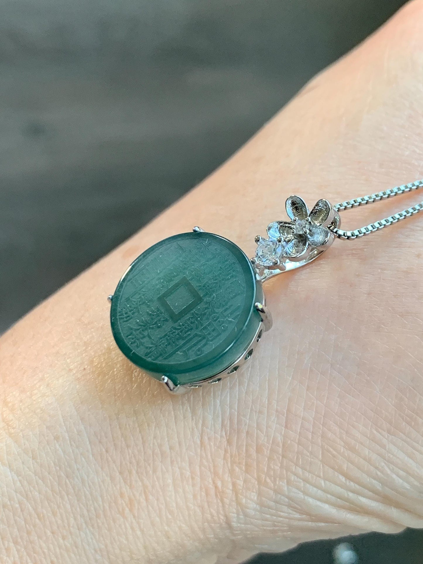 Natural Guatemalan Icy Translucent Dark Blue Jade Jadeite Mountain Ghost Eight Trigrams Coin Pendant Sterling Silver 天然冰危深蓝绿翡翠精工山鬼币吊坠 YSG107