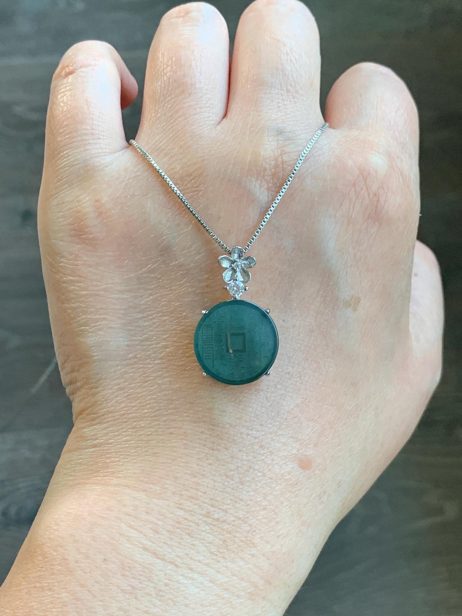 Natural Guatemalan Icy Translucent Dark Blue Jade Jadeite Mountain Ghost Eight Trigrams Coin Pendant Sterling Silver 天然冰危深蓝绿翡翠精工山鬼币吊坠 YSG107