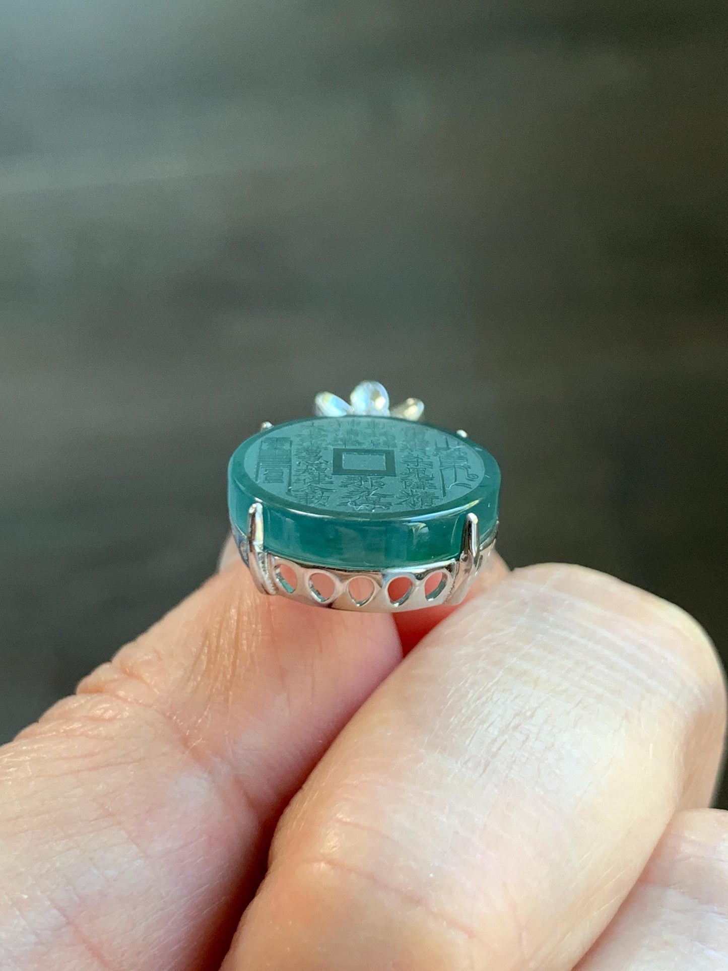 Natural Guatemalan Icy Translucent Dark Blue Jade Jadeite Mountain Ghost Eight Trigrams Coin Pendant Sterling Silver 天然冰危深蓝绿翡翠精工山鬼币吊坠 YSG107