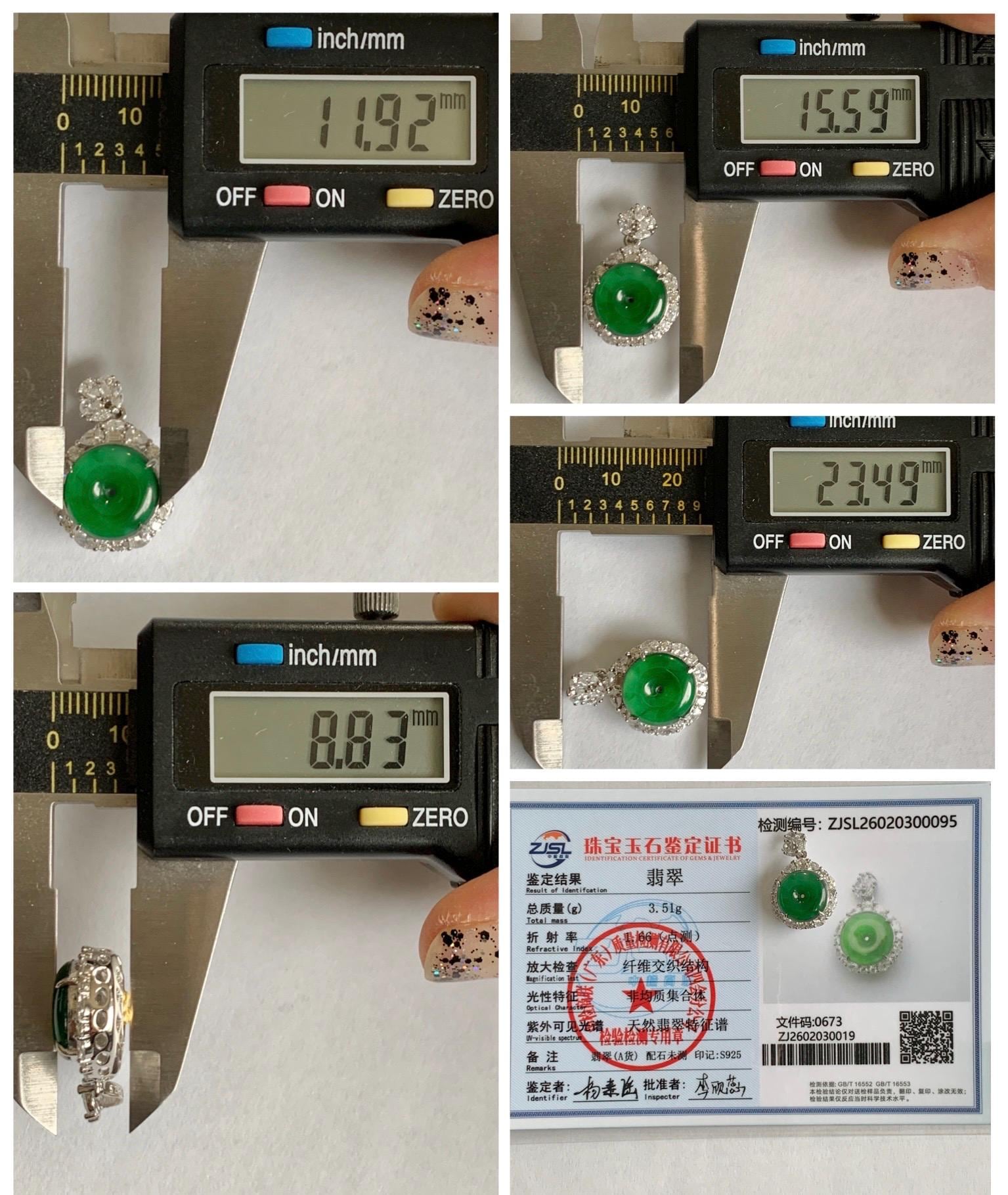 Certified Natural Grade A Guatemalan Icy Translucent Vibrant Green Jade Jadeite Ping An Kou Donut Pendant Sterling Silver 天然冰危绿翡翠平安扣吊坠 095