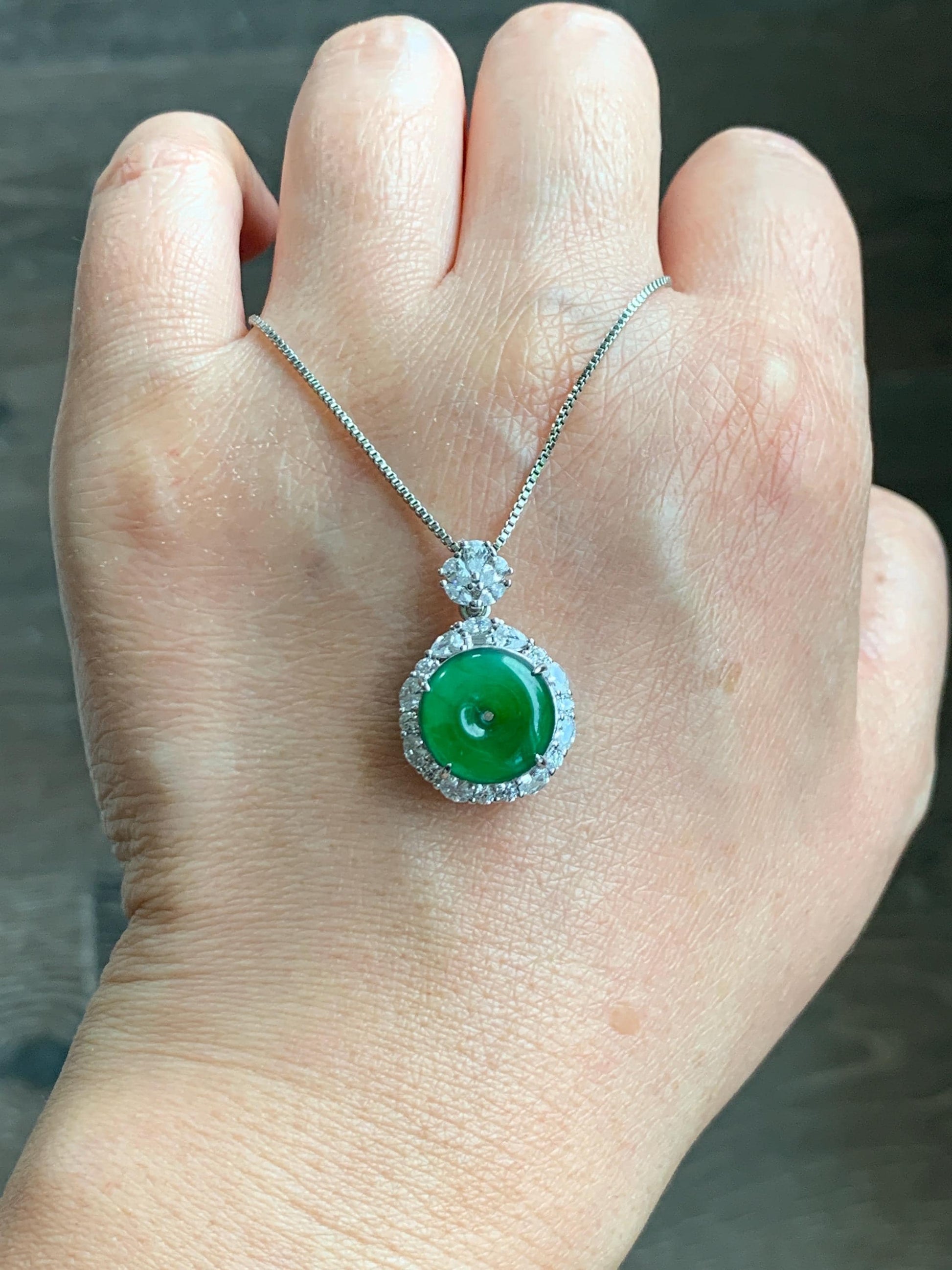 Certified Natural Grade A Guatemalan Icy Translucent Vibrant Green Jade Jadeite Ping An Kou Donut Pendant Sterling Silver 天然冰危绿翡翠平安扣吊坠 095
