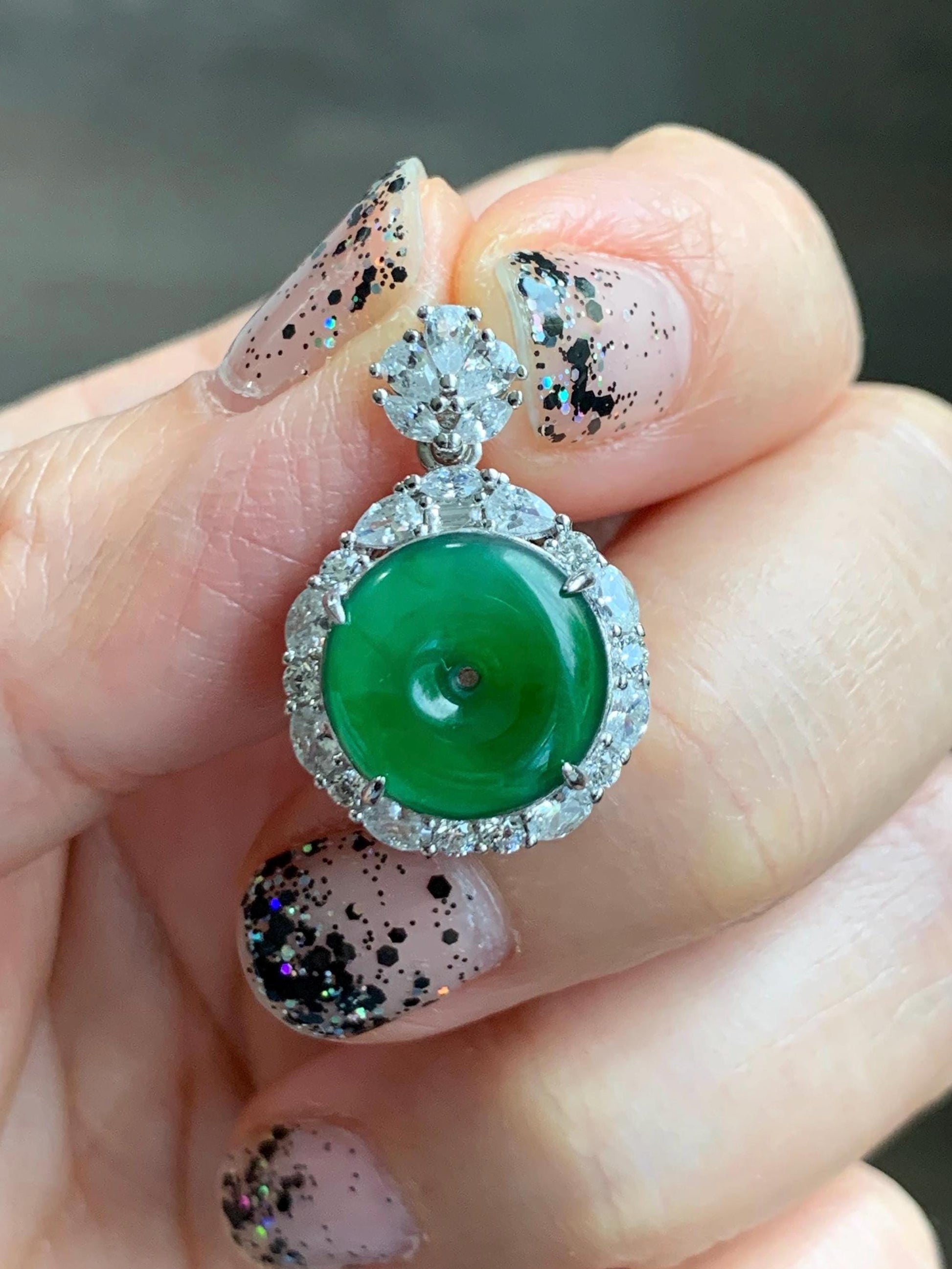 Certified Natural Grade A Guatemalan Icy Translucent Vibrant Green Jade Jadeite Ping An Kou Donut Pendant Sterling Silver 天然冰危绿翡翠平安扣吊坠 095