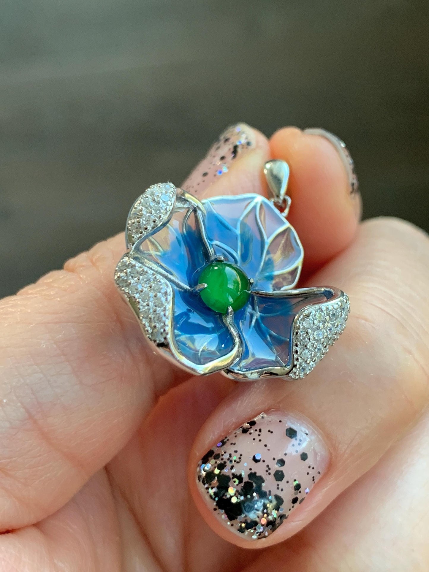 Natural Grade A Guatemalan Icy Translucent Vibrant Green Jade Jadeite Flower Pendant Sterling Silver Blue Resin 4g 天然冰危绿翡翠银镶花吊坠 LHH82P