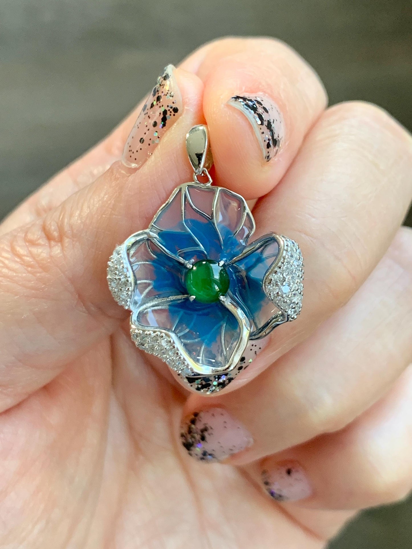 Natural Grade A Guatemalan Icy Translucent Vibrant Green Jade Jadeite Flower Pendant Sterling Silver Blue Resin 4g 天然冰危绿翡翠银镶花吊坠 LHH82P