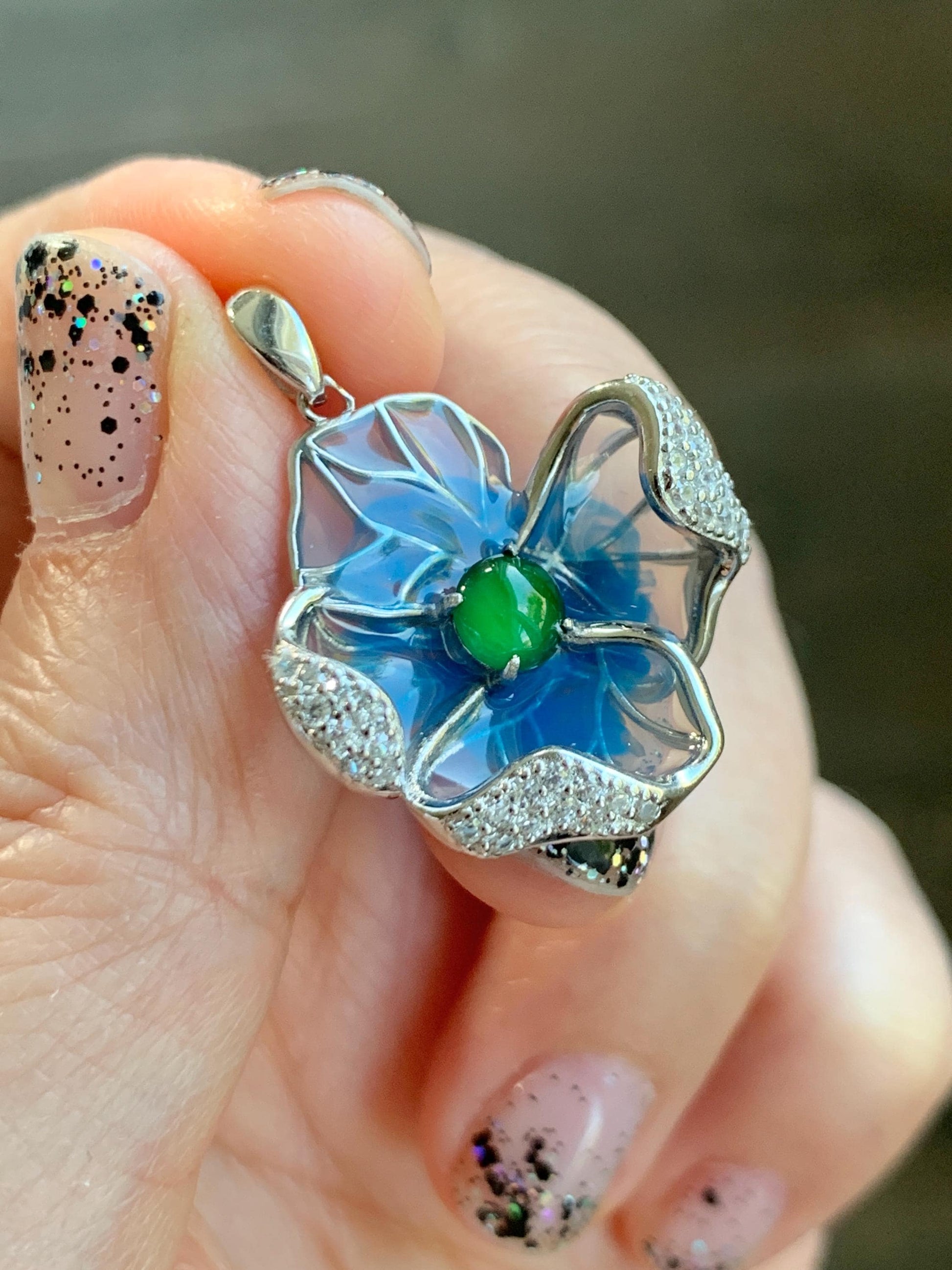 Natural Grade A Guatemalan Icy Translucent Vibrant Green Jade Jadeite Flower Pendant Sterling Silver Blue Resin 4g 天然冰危绿翡翠银镶花吊坠 LHH82P