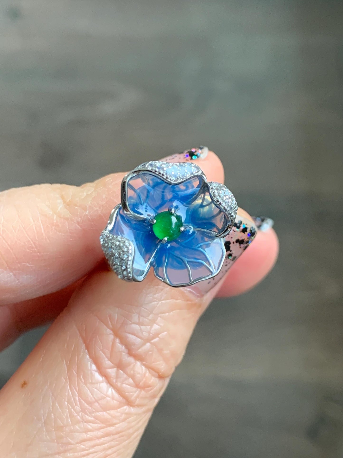 Natural Grade A Guatemalan Icy Translucent Vibrant Green Jade Jadeite Flower Ring Sterling Silver Blue Resin 3g 天然冰危绿翡翠银镶花戒指 LHH82R