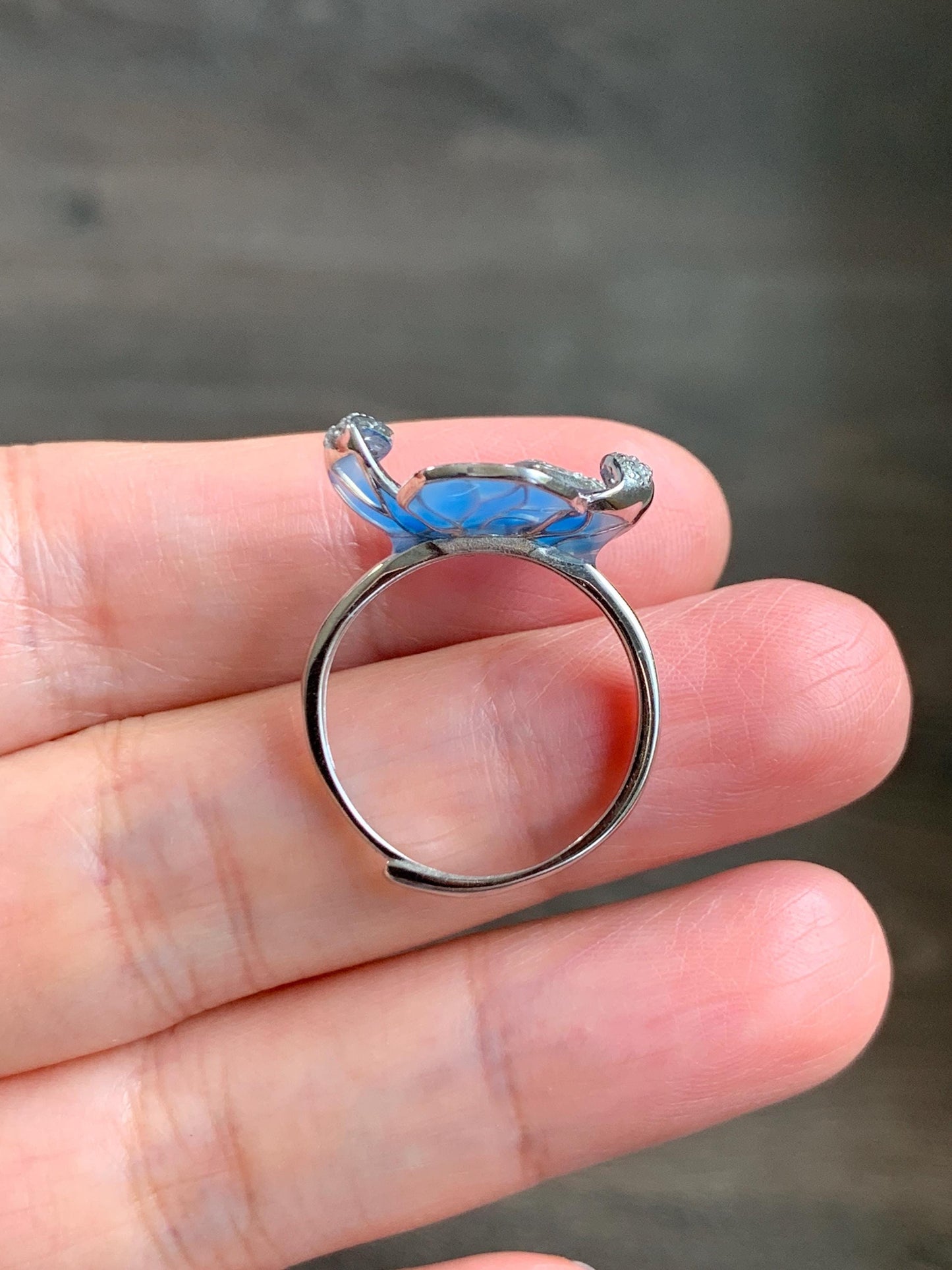 Natural Grade A Guatemalan Icy Translucent Vibrant Green Jade Jadeite Flower Ring Sterling Silver Blue Resin 3g 天然冰危绿翡翠银镶花戒指 LHH82R