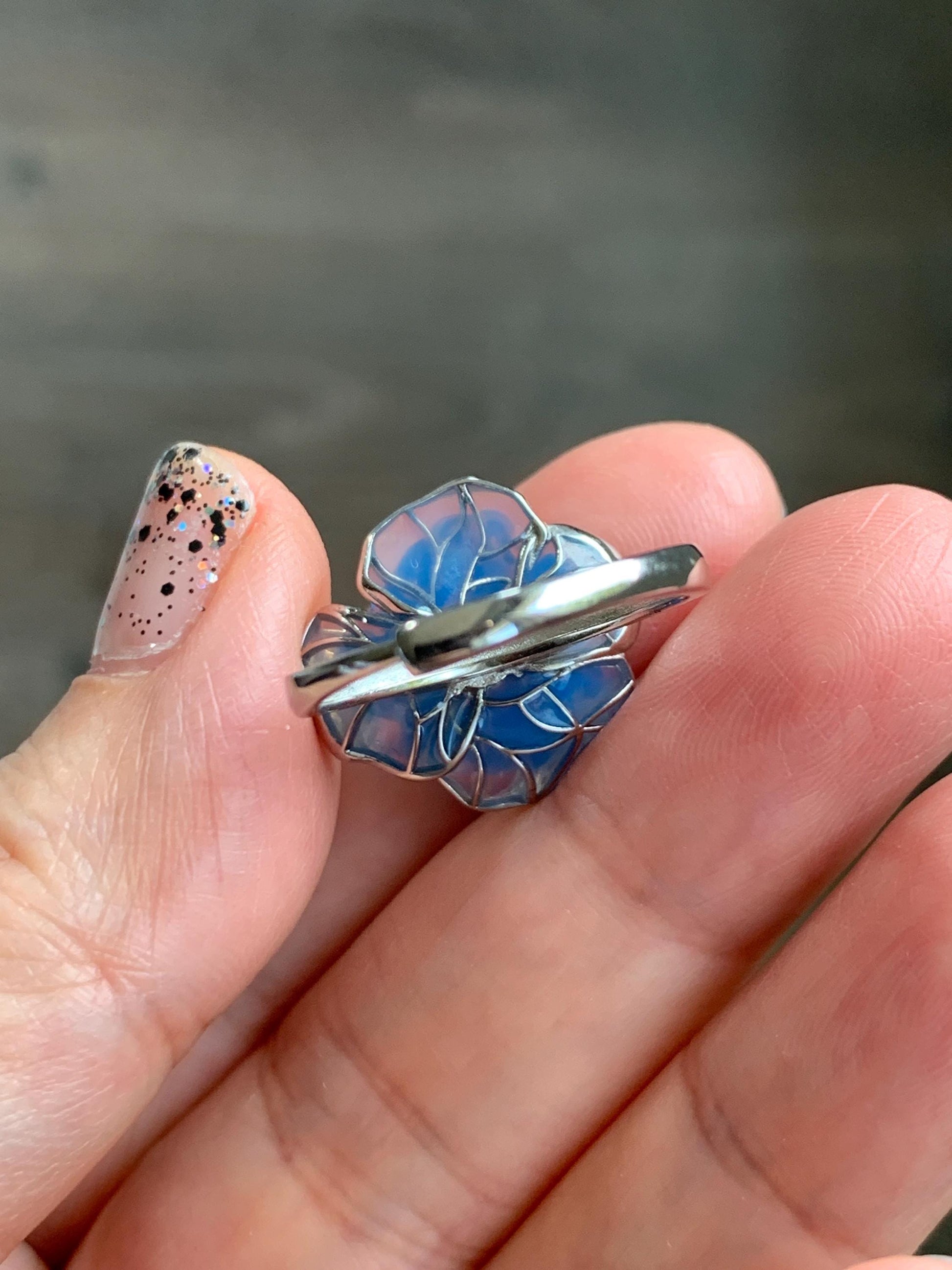 Natural Grade A Guatemalan Icy Translucent Vibrant Green Jade Jadeite Flower Ring Sterling Silver Blue Resin 3g 天然冰危绿翡翠银镶花戒指 LHH82R