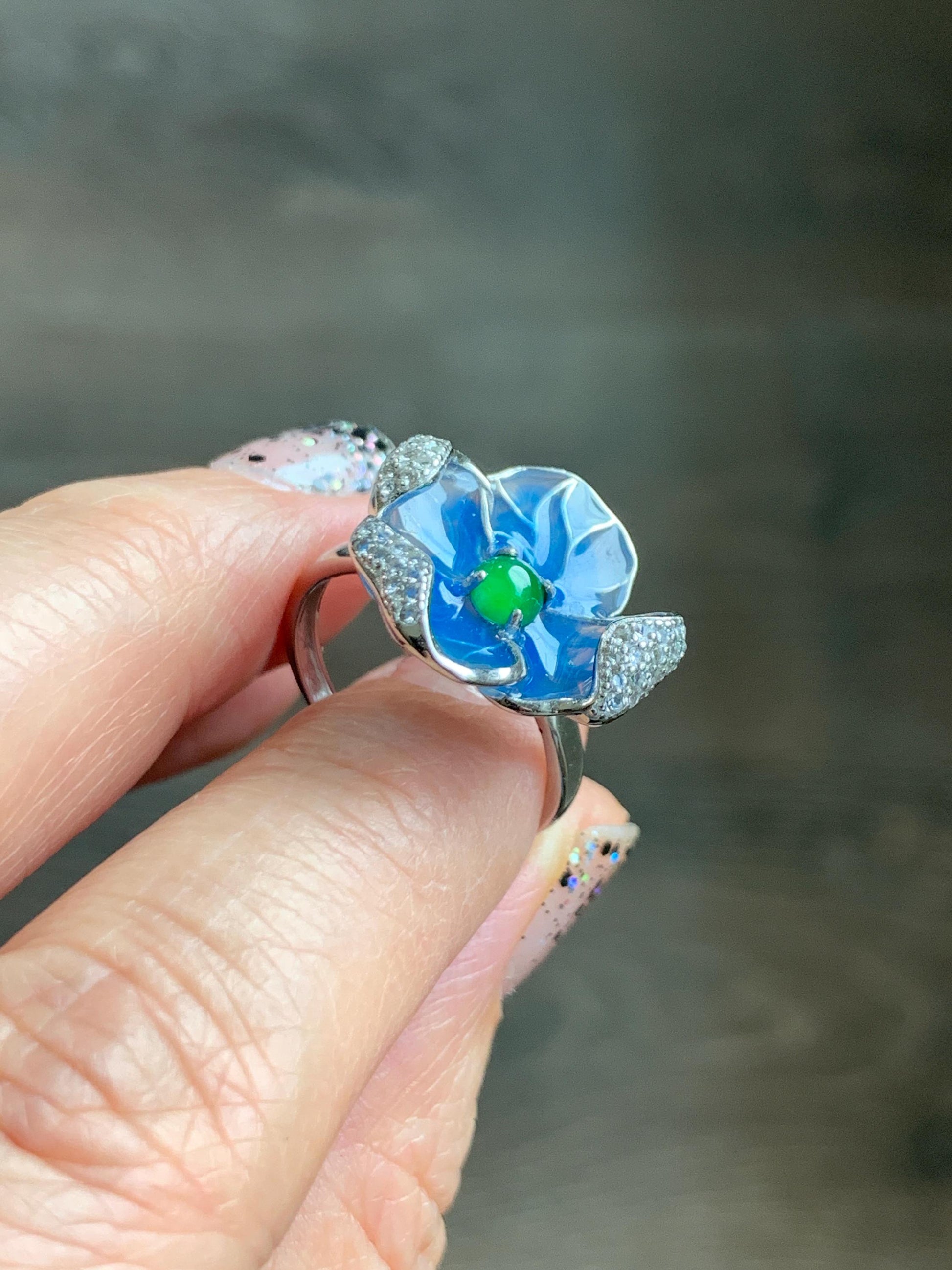 Natural Grade A Guatemalan Icy Translucent Vibrant Green Jade Jadeite Flower Ring Sterling Silver Blue Resin 3g 天然冰危绿翡翠银镶花戒指 LHH82R