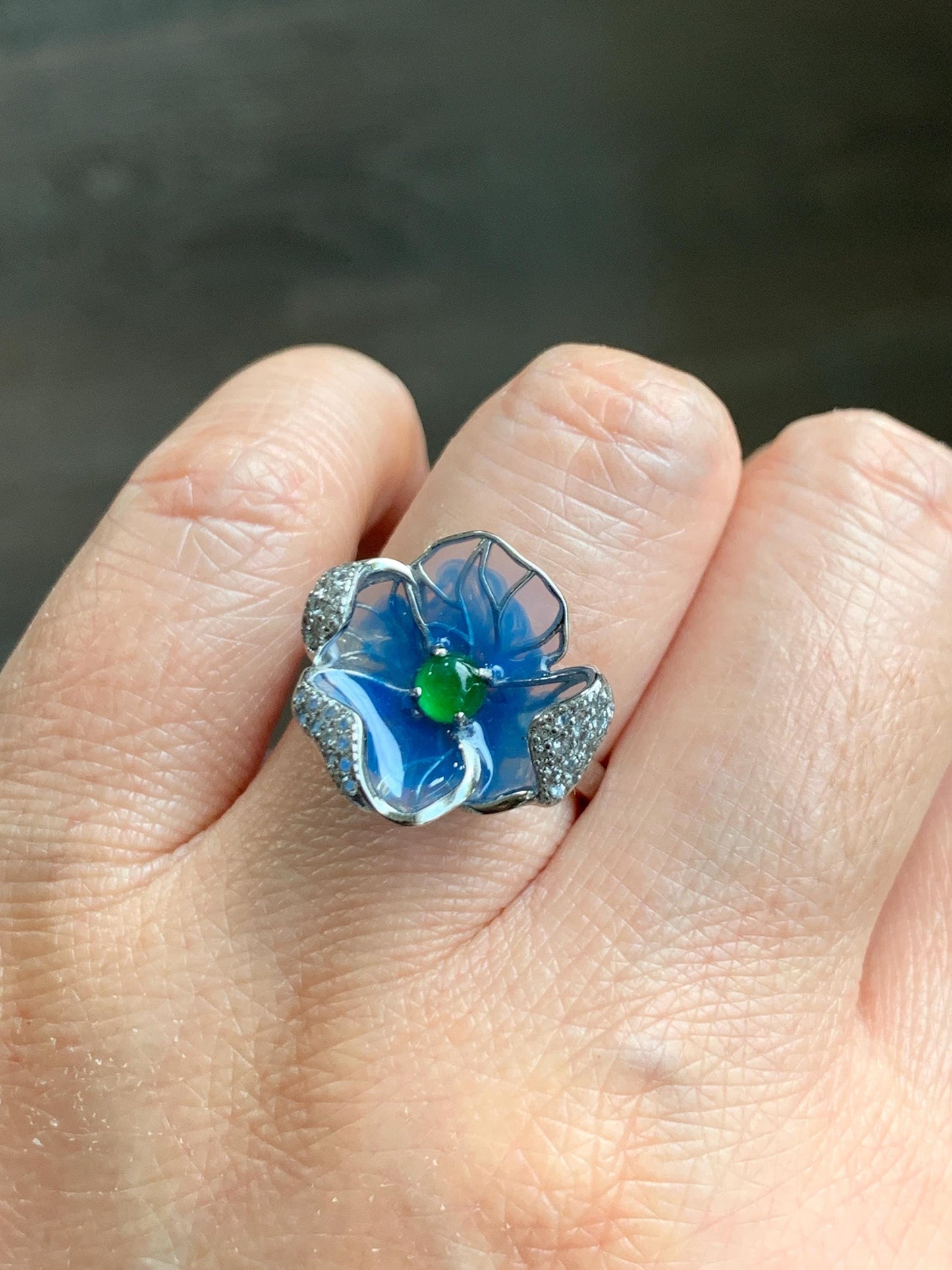 Natural Grade A Guatemalan Icy Translucent Vibrant Green Jade Jadeite Flower Ring Sterling Silver Blue Resin 3g 天然冰危绿翡翠银镶花戒指 LHH82R