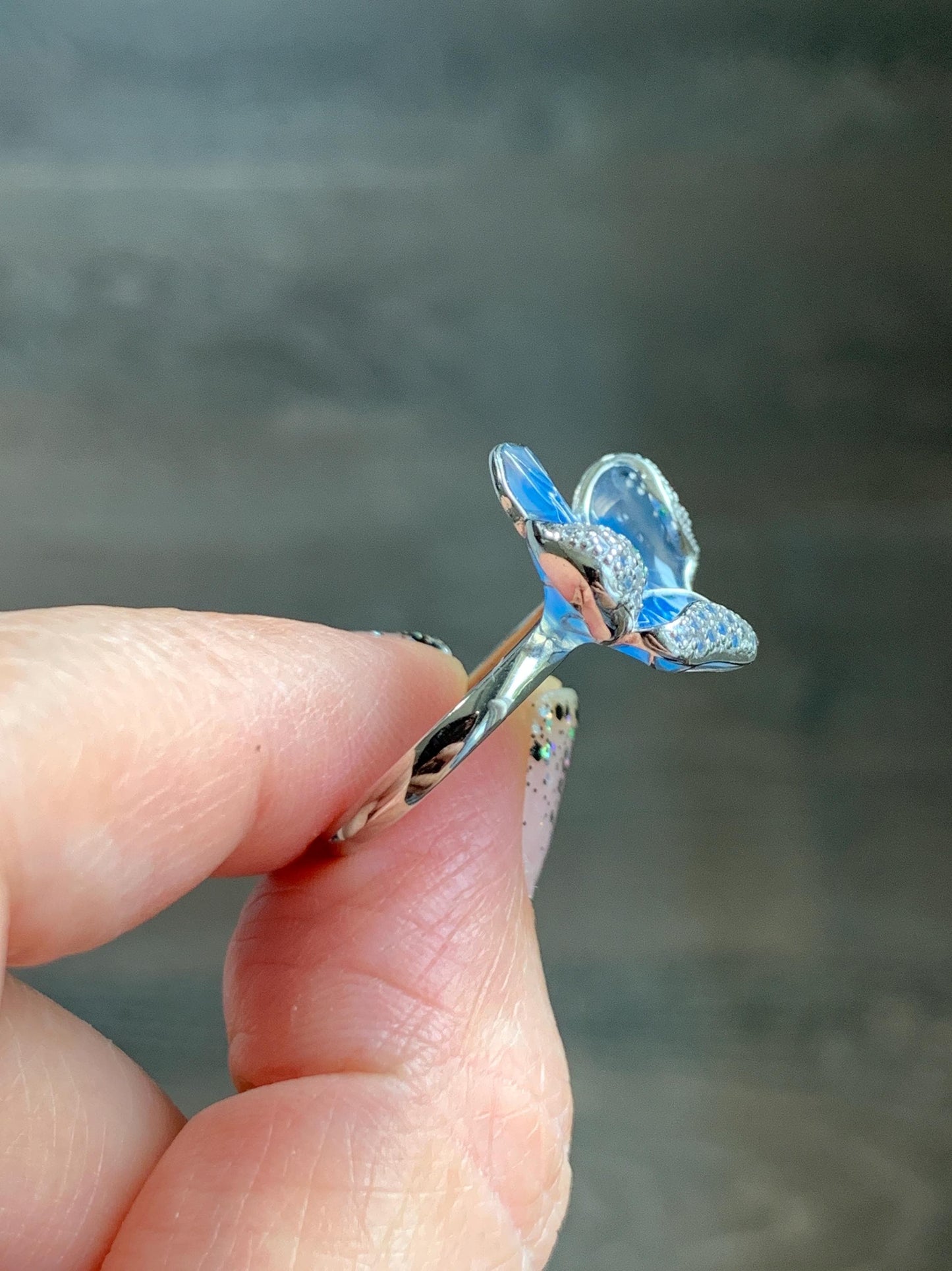 Natural Grade A Guatemalan Icy Translucent Vibrant Green Jade Jadeite Flower Ring Sterling Silver Blue Resin 3g 天然冰危绿翡翠银镶花戒指 LHH82R