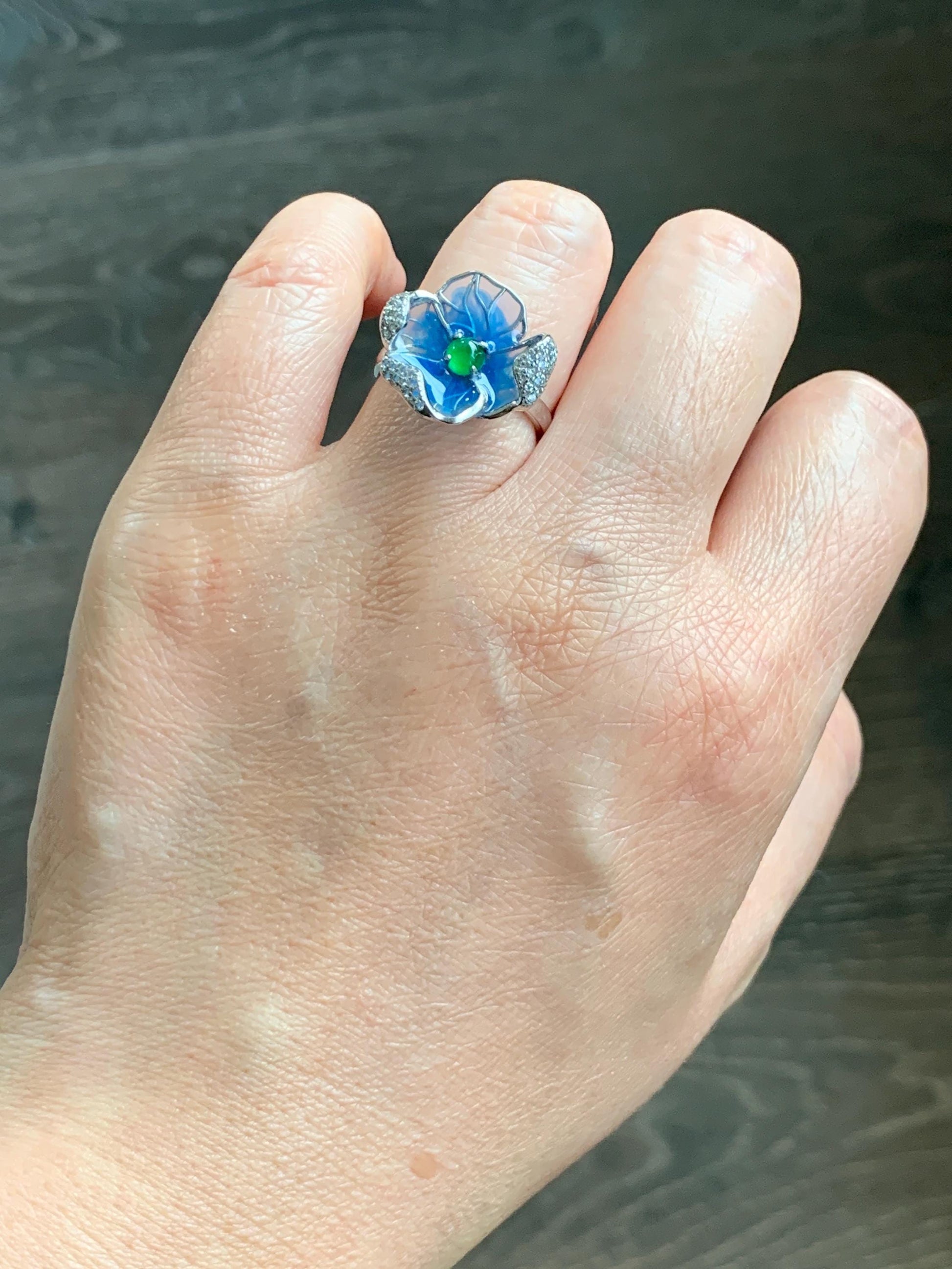 Natural Grade A Guatemalan Icy Translucent Vibrant Green Jade Jadeite Flower Ring Sterling Silver Blue Resin 3g 天然冰危绿翡翠银镶花戒指 LHH82R