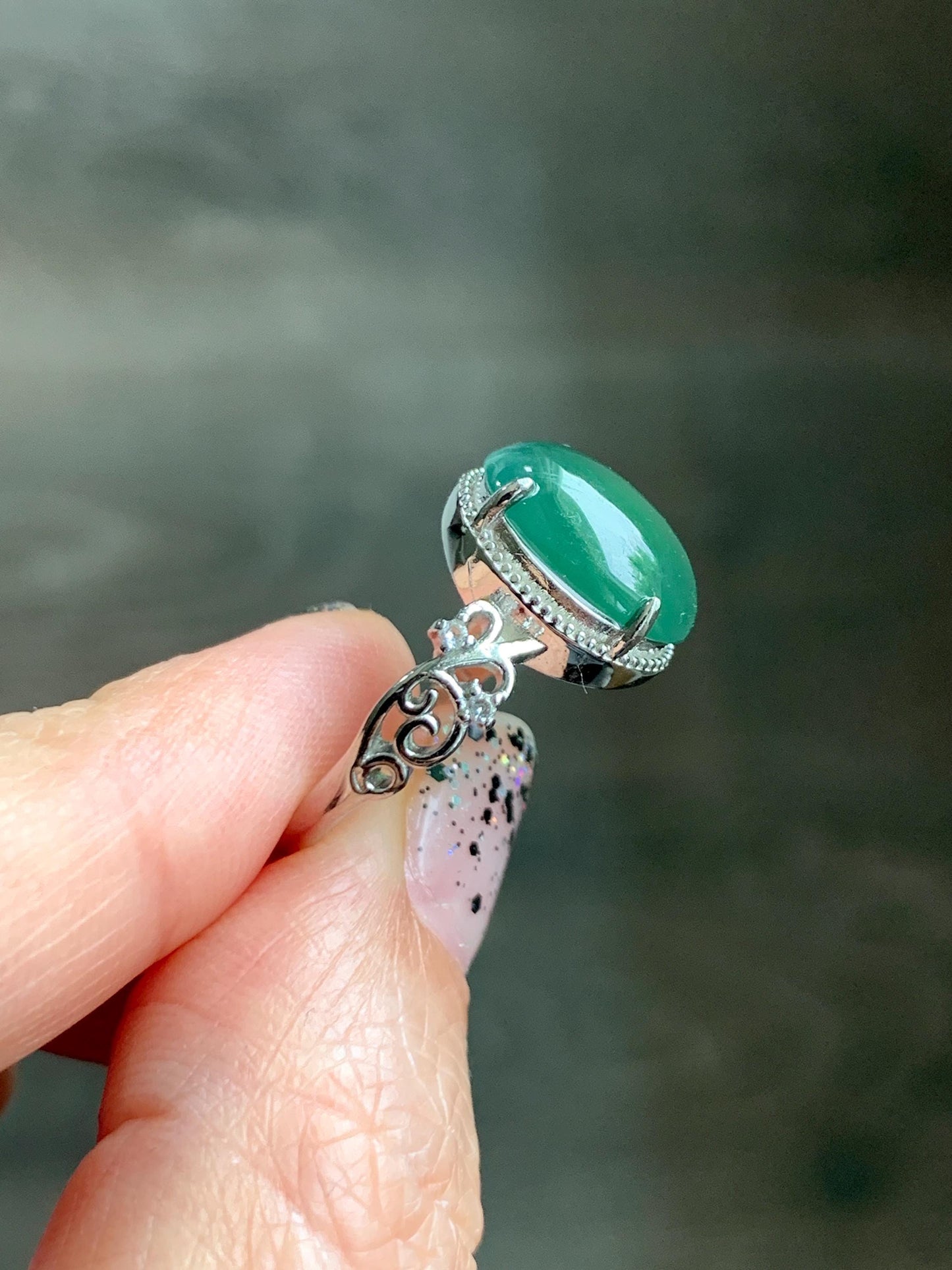 Natural Grade A Guatemalan Icy Translucent Dark Teal Green Oval Jade Jadeite Ring Sterling Silver Size Adjustable 天然冰危深蓝绿翡翠银镶戒指 WSL132