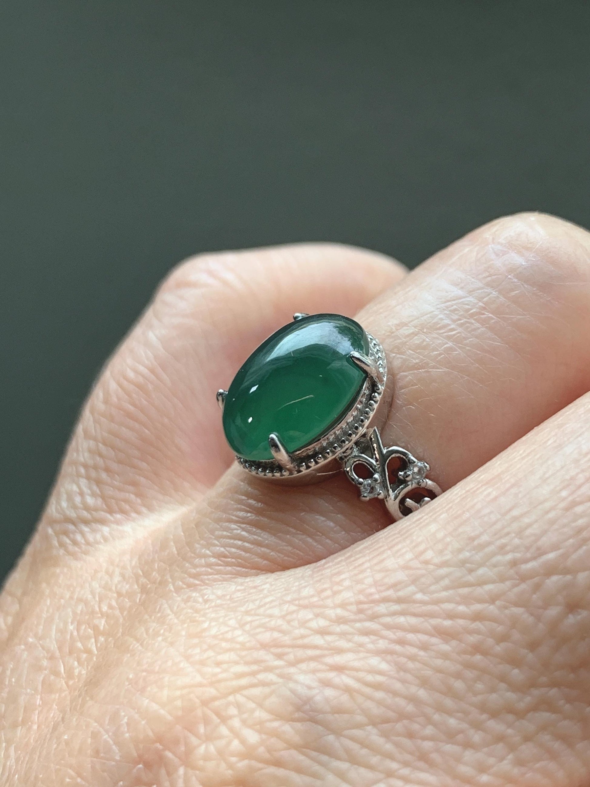 Natural Grade A Guatemalan Icy Translucent Dark Teal Green Oval Jade Jadeite Ring Sterling Silver Size Adjustable 天然冰危深蓝绿翡翠银镶戒指 WSL132