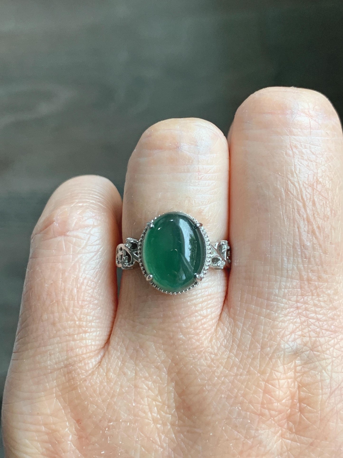 Natural Grade A Guatemalan Icy Translucent Dark Teal Green Oval Jade Jadeite Ring Sterling Silver Size Adjustable 天然冰危深蓝绿翡翠银镶戒指 WSL132
