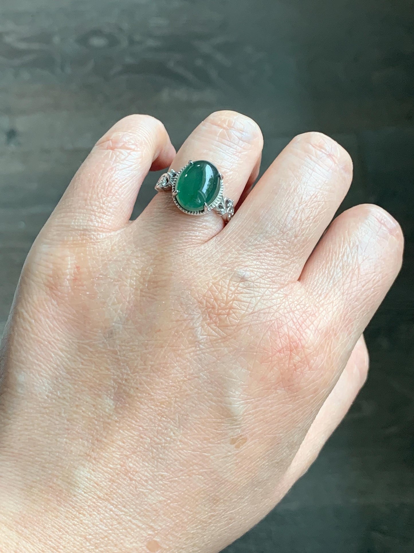 Natural Grade A Guatemalan Icy Translucent Dark Teal Green Oval Jade Jadeite Ring Sterling Silver Size Adjustable 天然冰危深蓝绿翡翠银镶戒指 WSL132