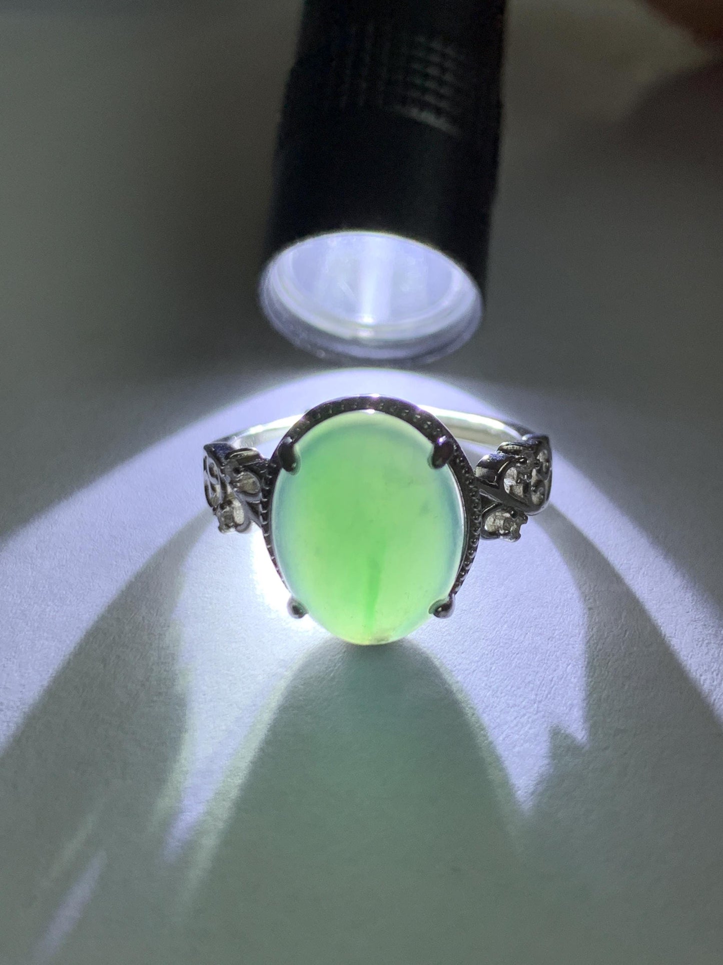Natural Grade A Guatemalan Icy Translucent Dark Teal Green Oval Jade Jadeite Ring Sterling Silver Size Adjustable 天然冰危深蓝绿翡翠银镶戒指 WSL132