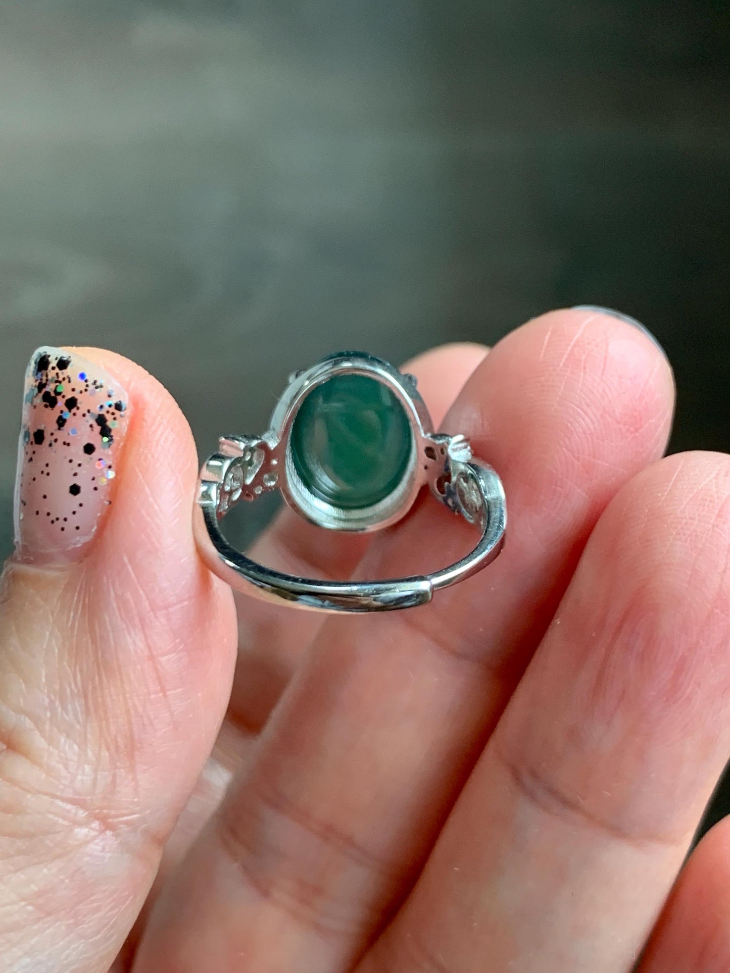 Natural Grade A Guatemalan Icy Translucent Dark Teal Green Oval Jade Jadeite Ring Sterling Silver Size Adjustable 天然冰危深蓝绿翡翠银镶戒指 WSL132