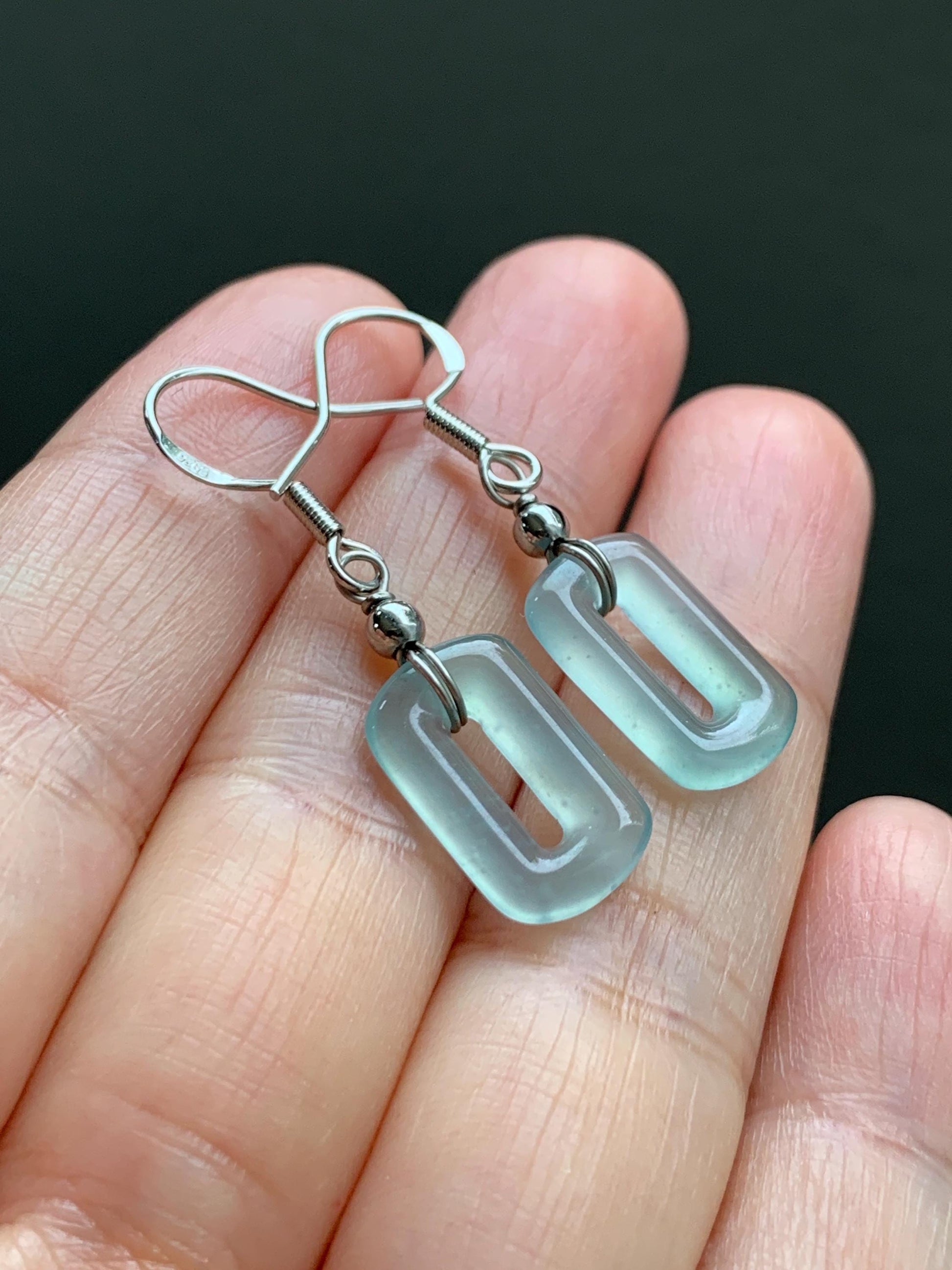 Natural Guatemalan Grade A Icy Highly Translucent Pastel Teal Jade Jadeite Dangle Earrings White Gold Plated 天然冰危浅蓝翡翠长方扣包金耳吊 WFQ150