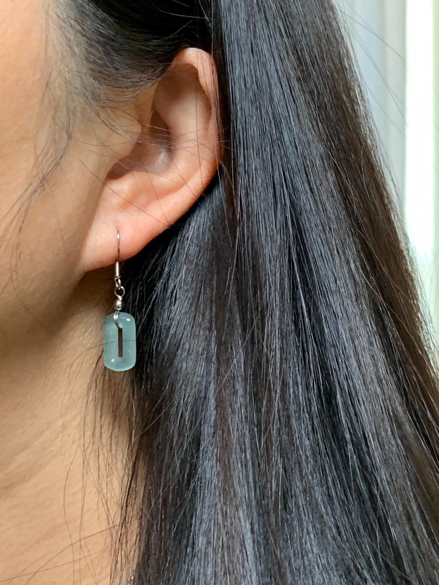 Natural Guatemalan Grade A Icy Highly Translucent Pastel Teal Jade Jadeite Dangle Earrings White Gold Plated 天然冰危浅蓝翡翠长方扣包金耳吊 WFQ150