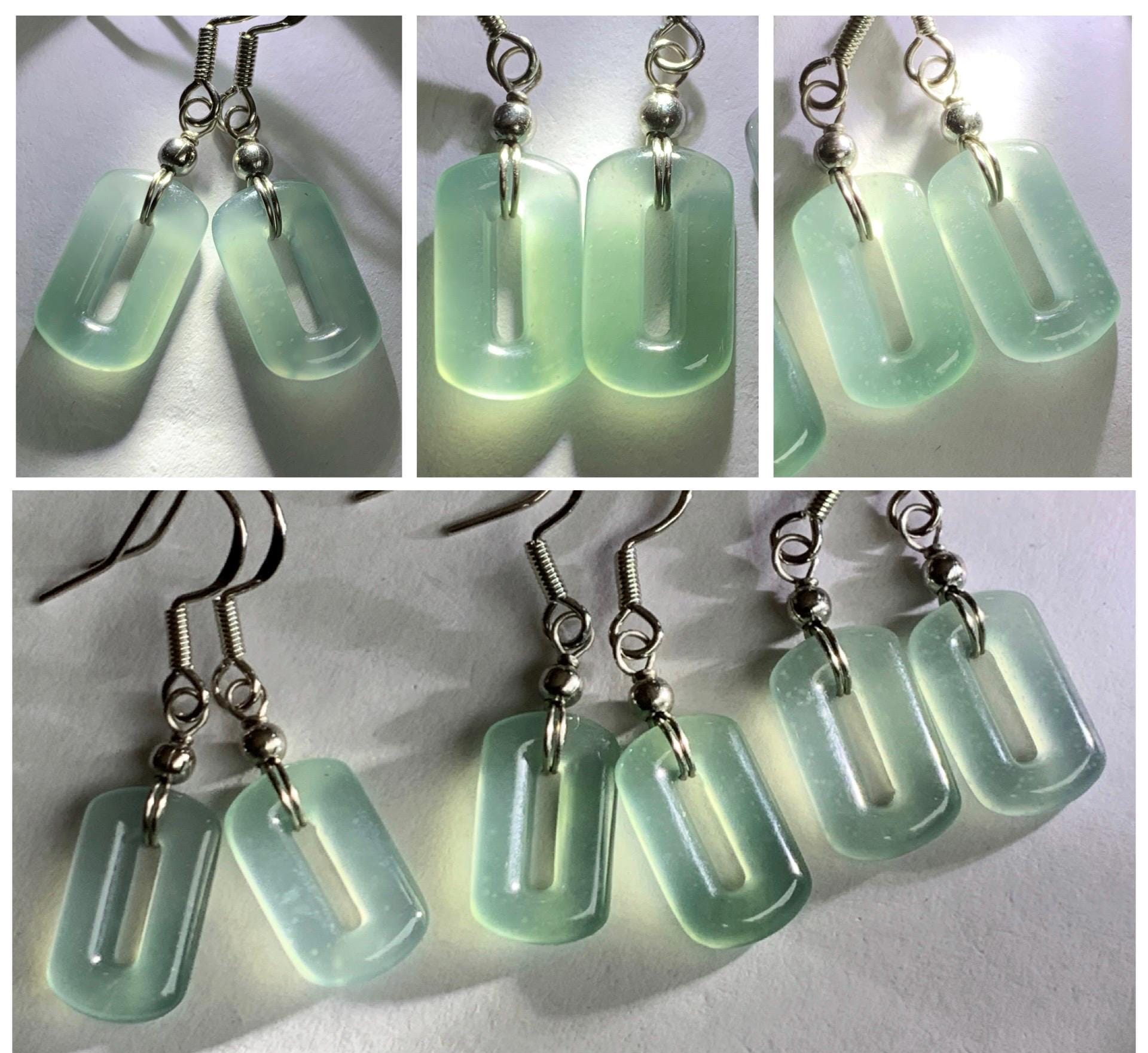 Natural Guatemalan Grade A Icy Highly Translucent Pastel Teal Jade Jadeite Dangle Earrings White Gold Plated 天然冰危浅蓝翡翠长方扣包金耳吊 WFQ150