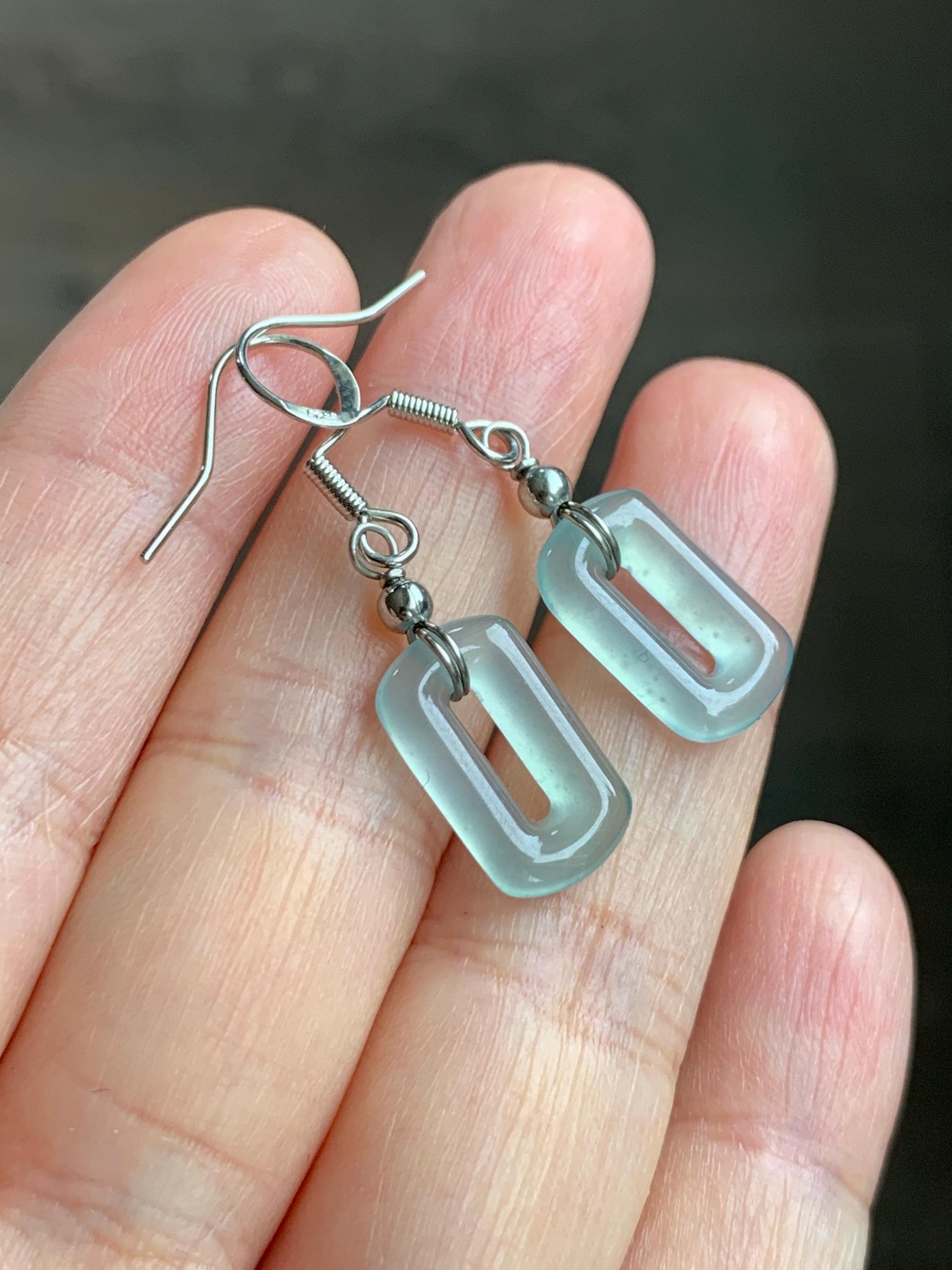Natural Guatemalan Grade A Icy Highly Translucent Pastel Teal Jade Jadeite Dangle Earrings White Gold Plated 天然冰危浅蓝翡翠长方扣包金耳吊 WFQ150