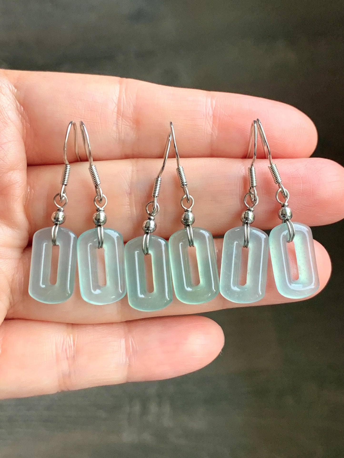 Natural Guatemalan Grade A Icy Highly Translucent Pastel Teal Jade Jadeite Dangle Earrings White Gold Plated 天然冰危浅蓝翡翠长方扣包金耳吊 WFQ150