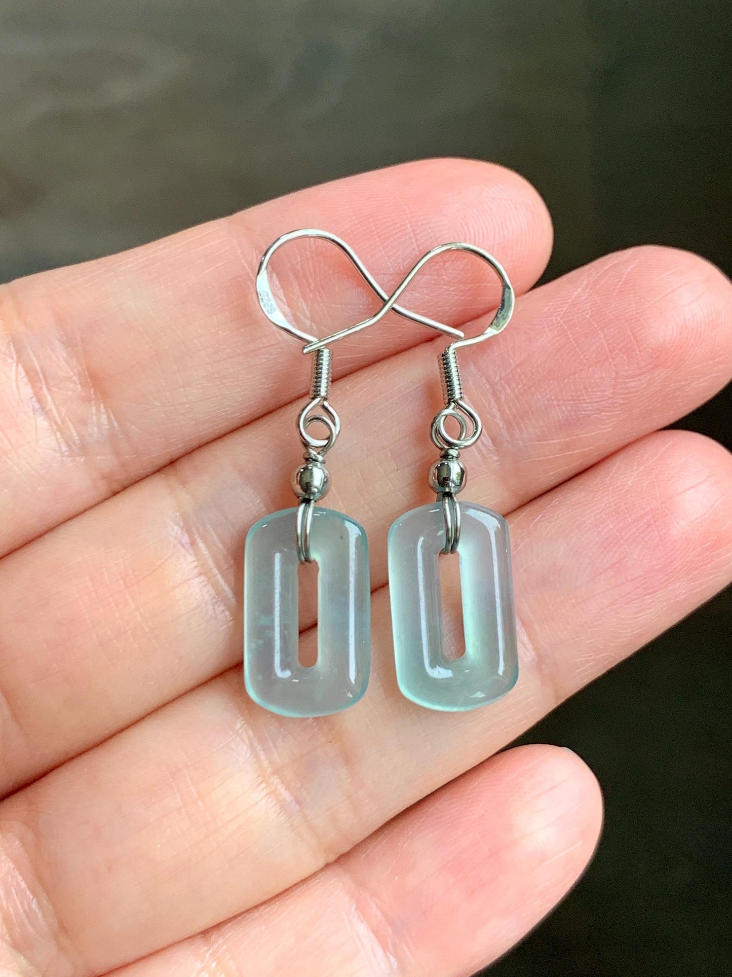 Natural Guatemalan Grade A Icy Highly Translucent Pastel Teal Jade Jadeite Dangle Earrings White Gold Plated 天然冰危浅蓝翡翠长方扣包金耳吊 WFQ150