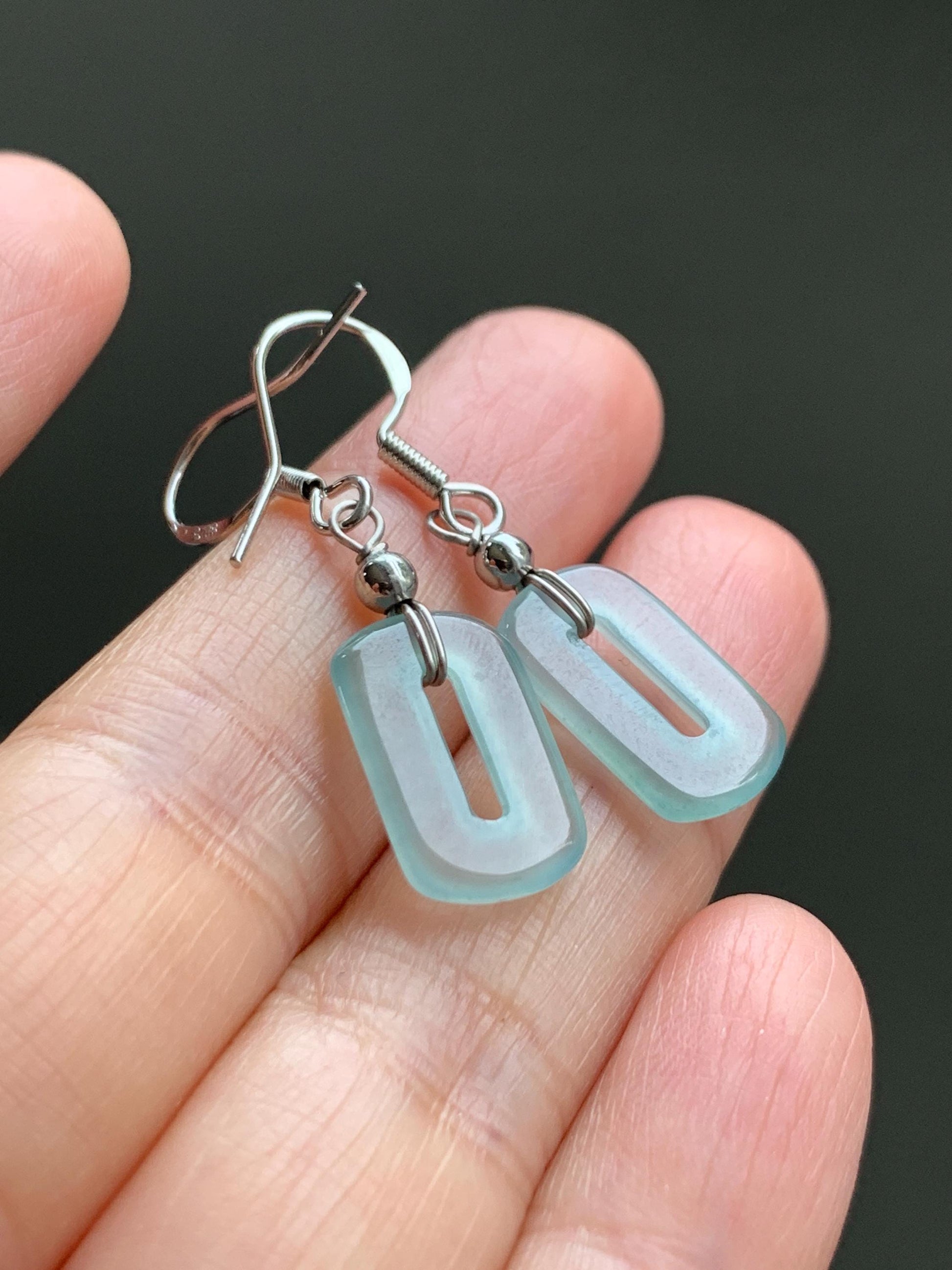 Natural Guatemalan Grade A Icy Highly Translucent Pastel Teal Jade Jadeite Dangle Earrings White Gold Plated 天然冰危浅蓝翡翠长方扣包金耳吊 WFQ150