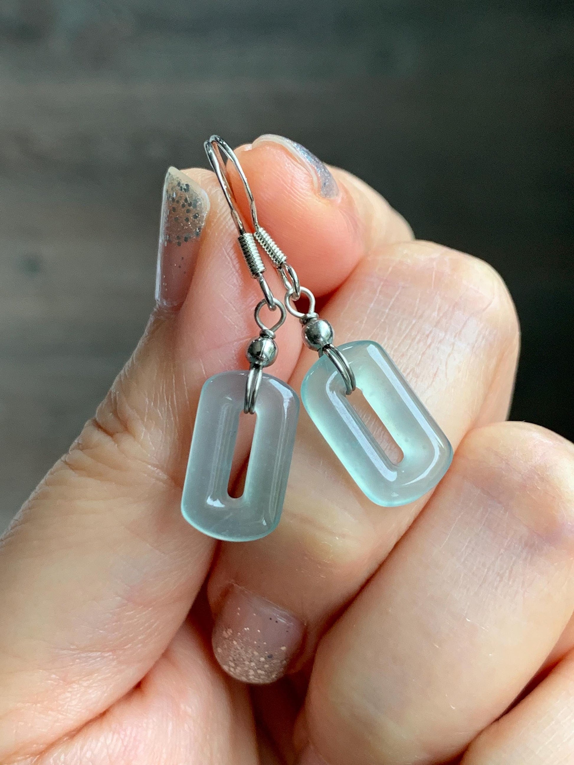Natural Guatemalan Grade A Icy Highly Translucent Pastel Teal Jade Jadeite Dangle Earrings White Gold Plated 天然冰危浅蓝翡翠长方扣包金耳吊 WFQ150