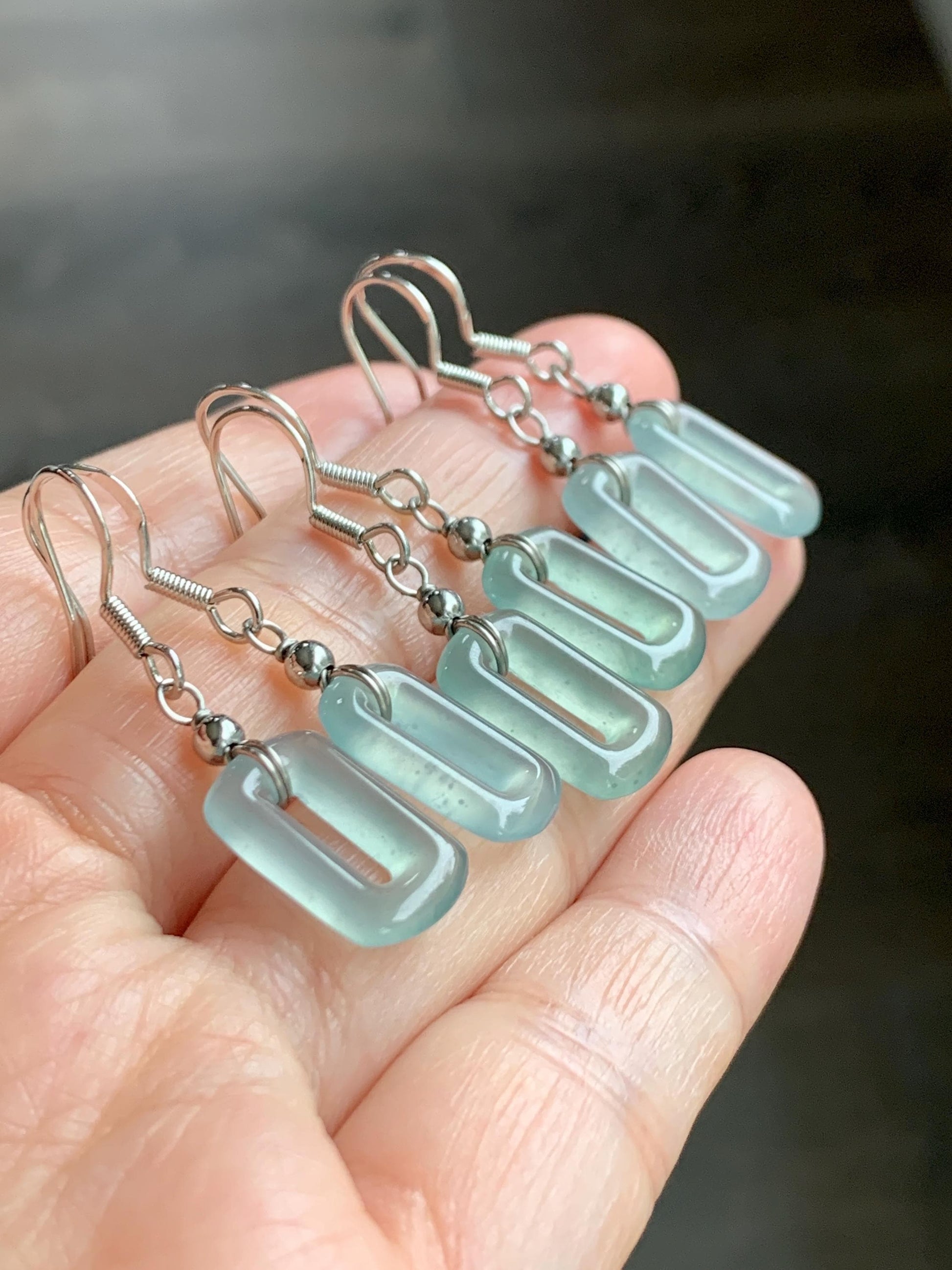Natural Guatemalan Grade A Icy Highly Translucent Pastel Teal Jade Jadeite Dangle Earrings White Gold Plated 天然冰危浅蓝翡翠长方扣包金耳吊 WFQ150