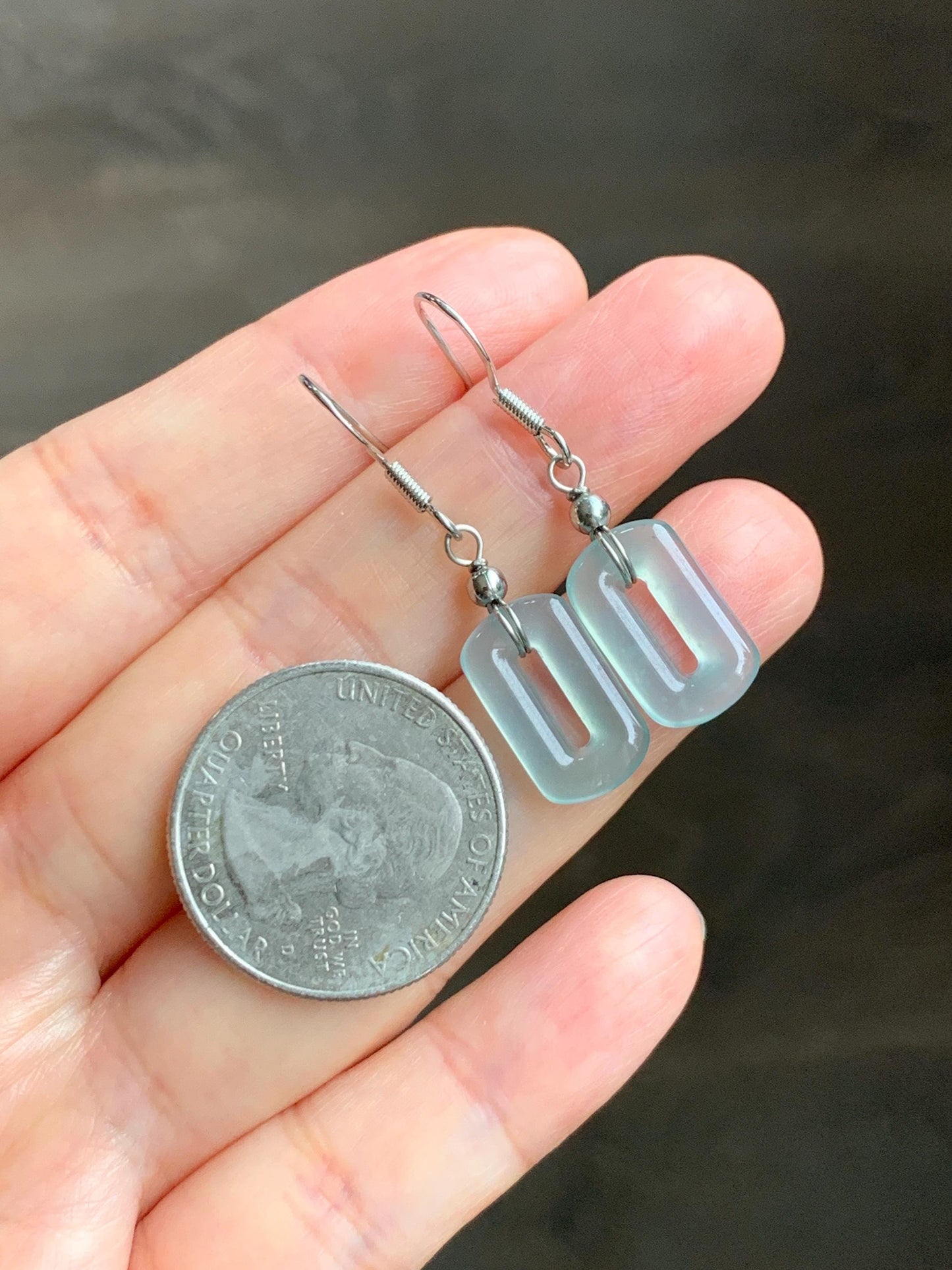 Natural Guatemalan Grade A Icy Highly Translucent Pastel Teal Jade Jadeite Dangle Earrings White Gold Plated 天然冰危浅蓝翡翠长方扣包金耳吊 WFQ150