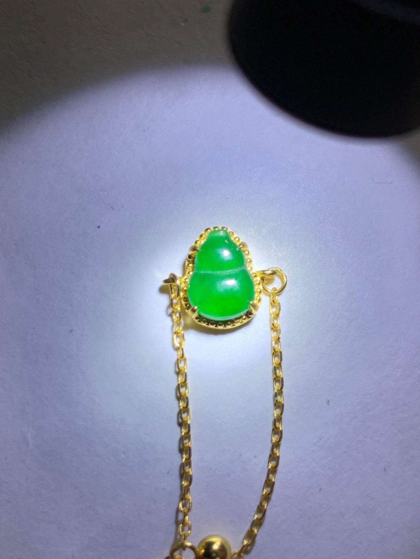 Natural Guatemalan Grade A Icy Vibrant Green Jade Jadeite Gourd Hulu Petite Chain Ring Sterling Silver Adjustable 天然冰危绿翡翠葫芦镶嵌戒链戒指 WHL65A