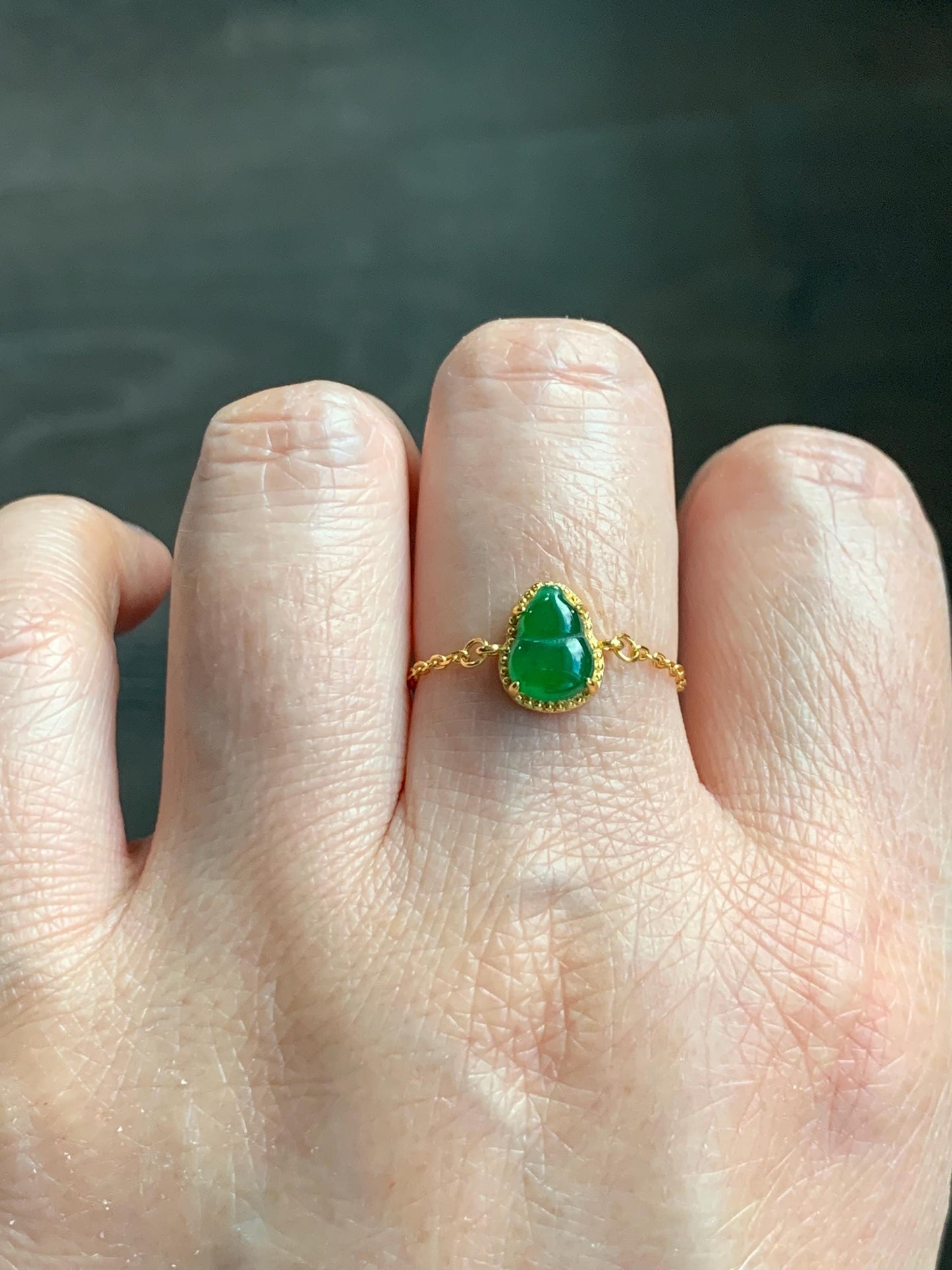 Natural Guatemalan Grade A Icy Vibrant Green Jade Jadeite Gourd Hulu Petite Chain Ring Sterling Silver Adjustable 天然冰危绿翡翠葫芦镶嵌戒链戒指 WHL65A